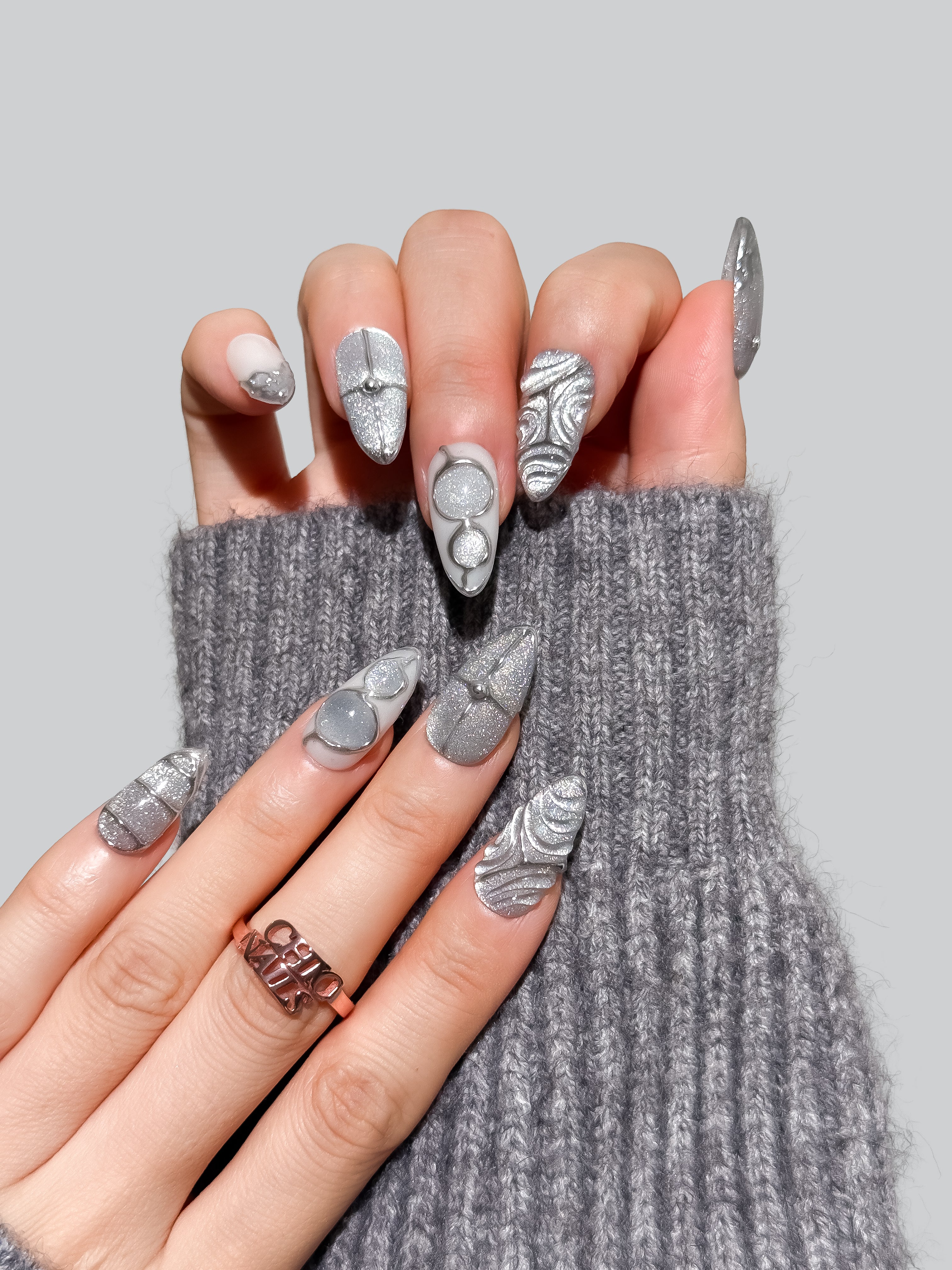 Silver Sculpted Press On Nails Medium Almond