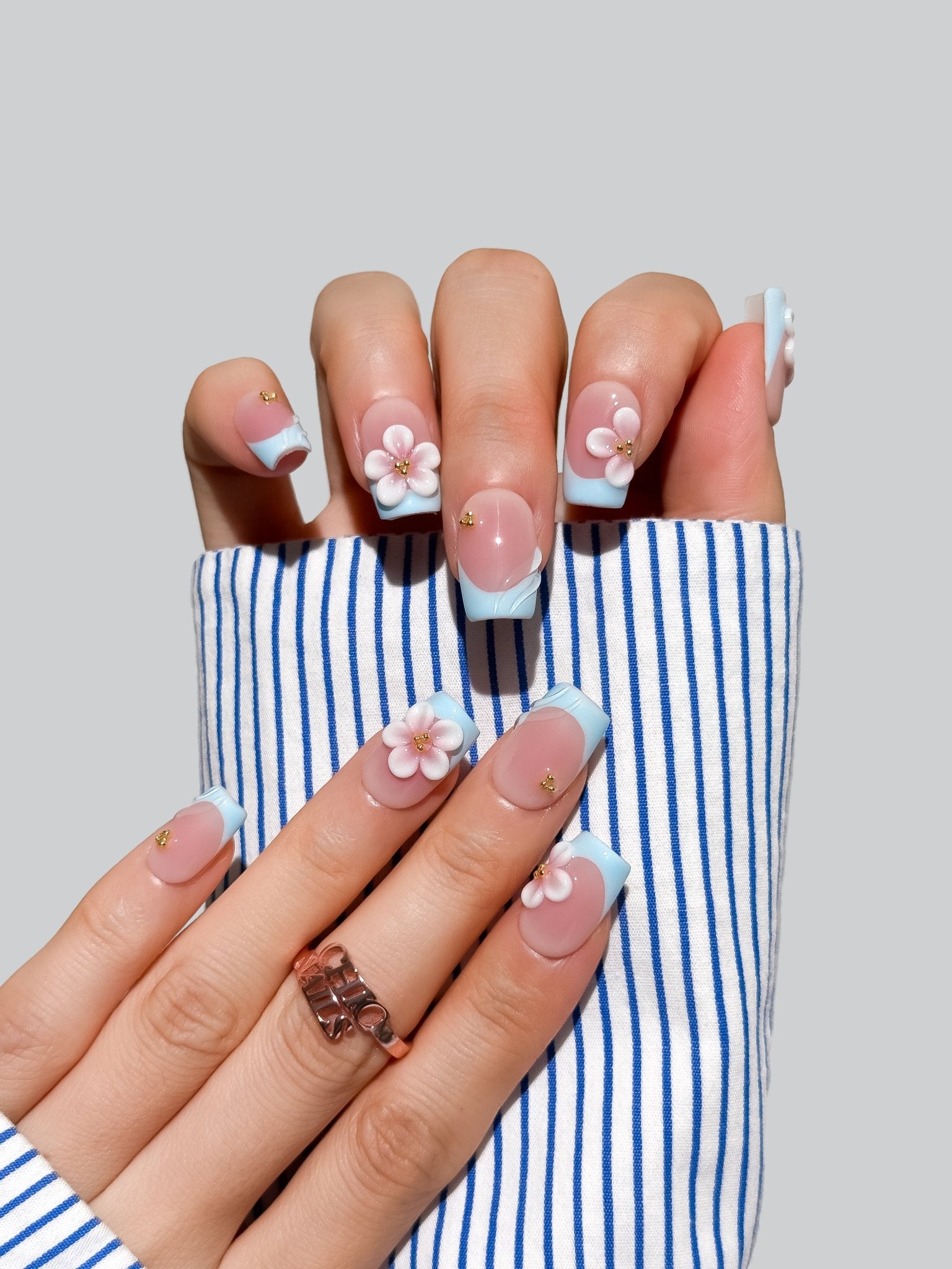 Blue French Blossom Press On Nails Short Square
