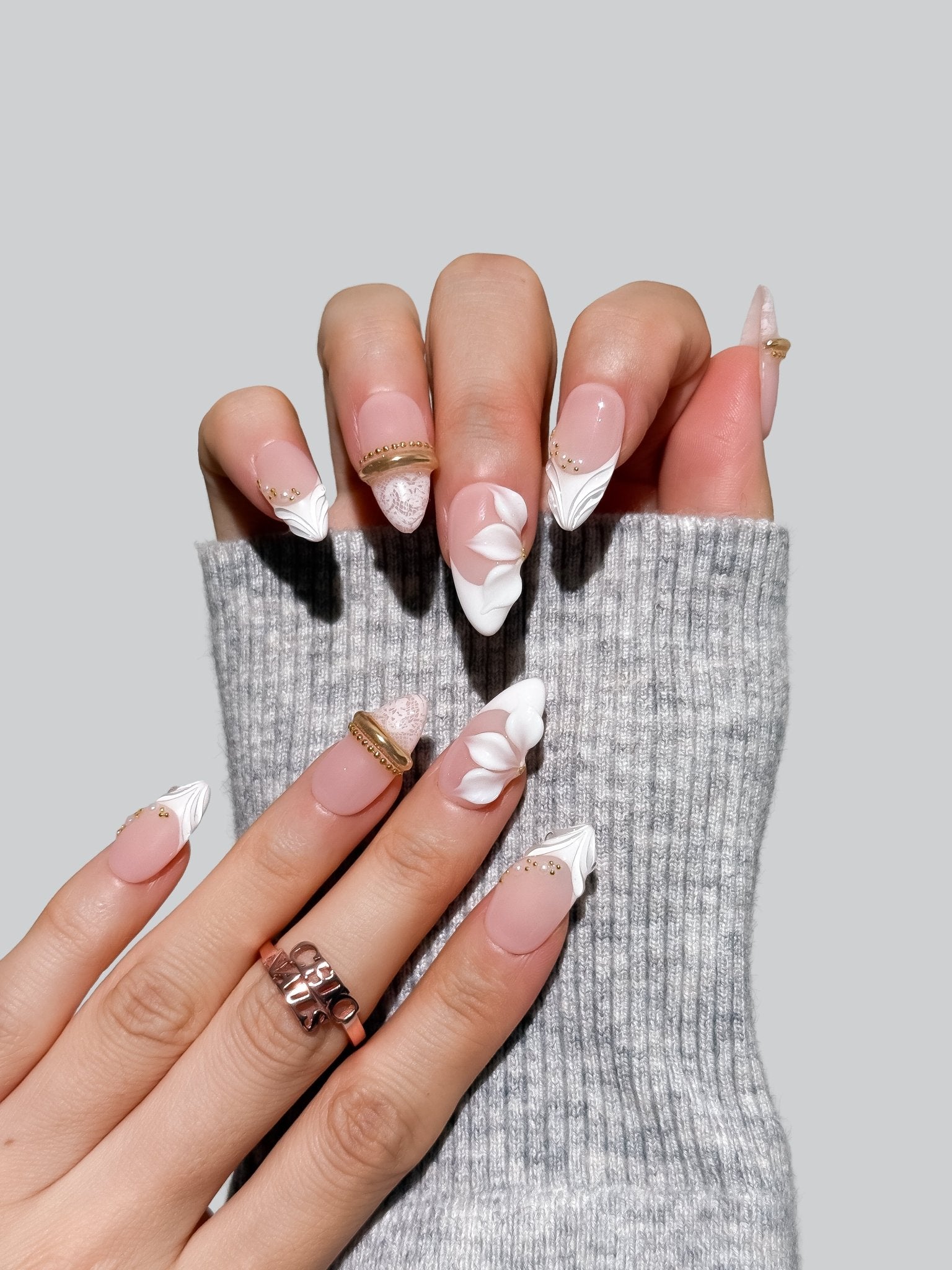 White French Floral Press On Nails Medium Almond