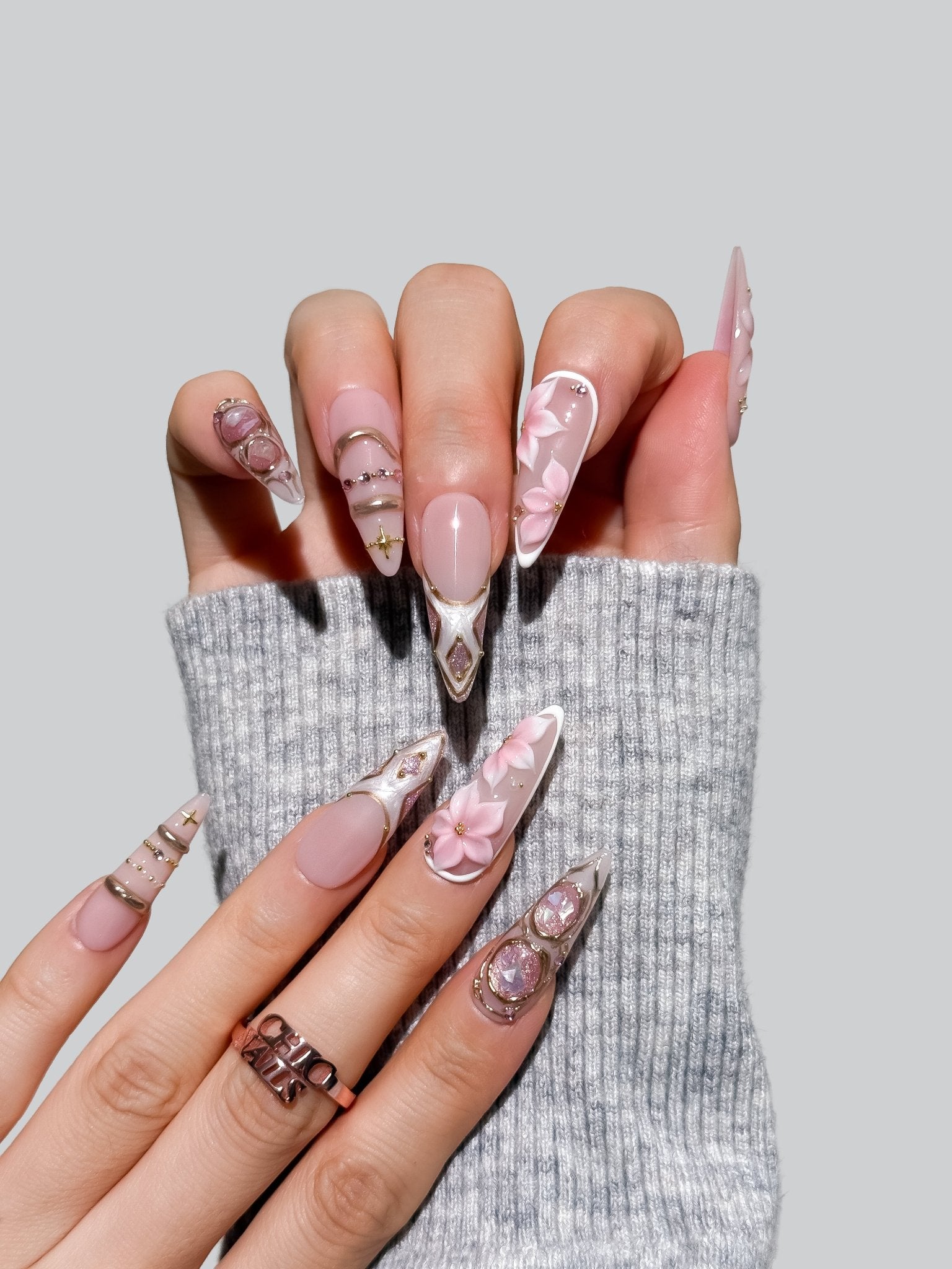 Handmade Pink Sakura Pearl Press On Nails – Long Stiletto