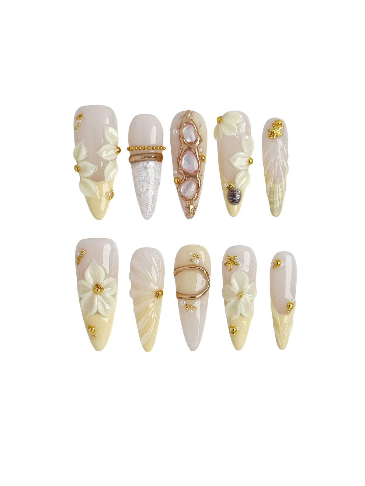 Handmade Ivory Blossom Pearl Press On Nails – Long Stiletto