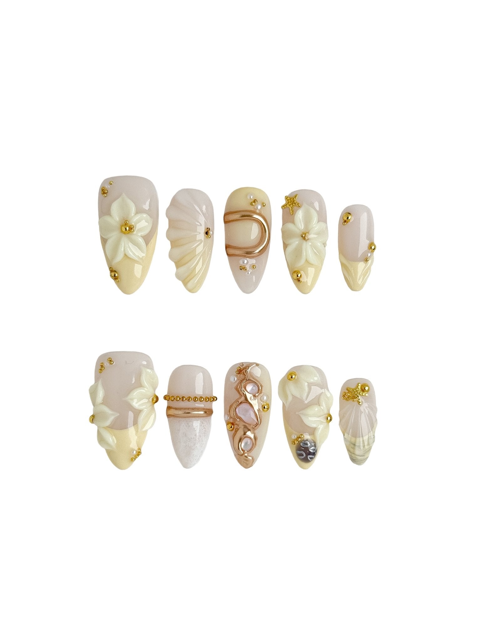 Handmade Ivory Blossom Pearl Press On Nails – Medium Almond