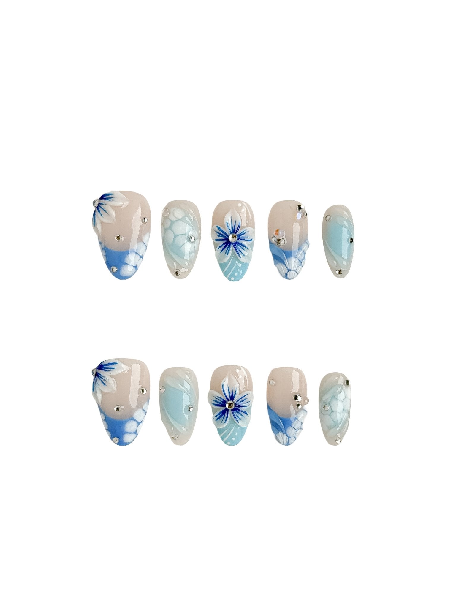 Handmade Blue Floral Marble Press-On Nails – Short Almond
