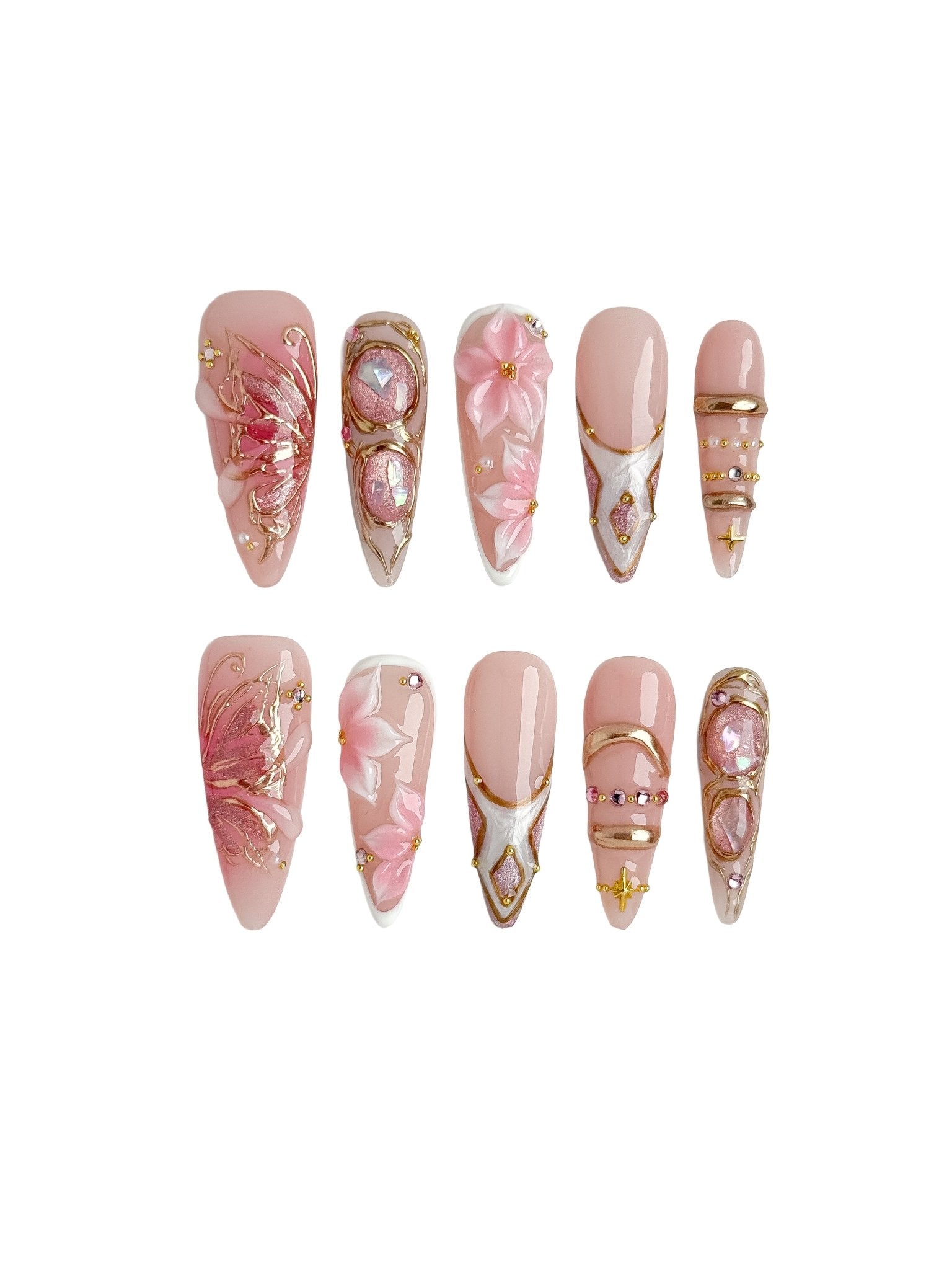Handmade Pink Sakura Pearl Press On Nails – Long Stiletto