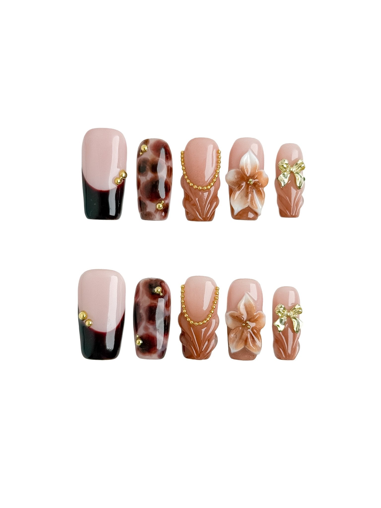 Handmade Mocha Blossom Press On Nails – Medium Square