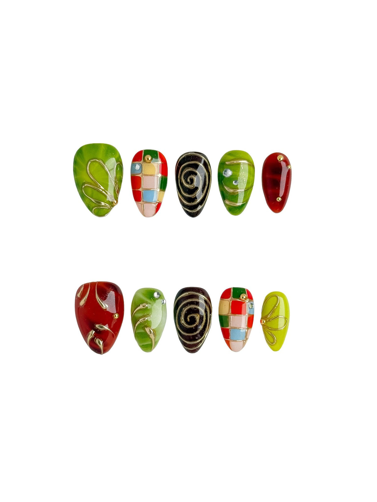 Handmade Retro Patchwork Press-On Nails – Short Almond