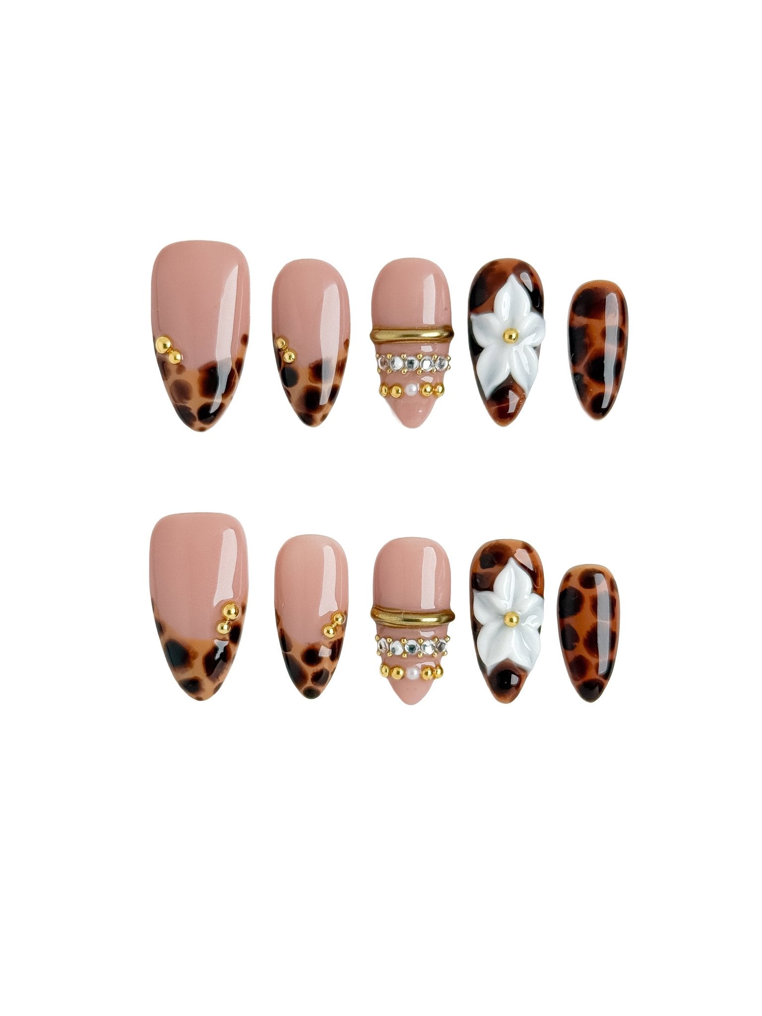 Handmade Leopard Blossom Press On Nails – Medium Almond