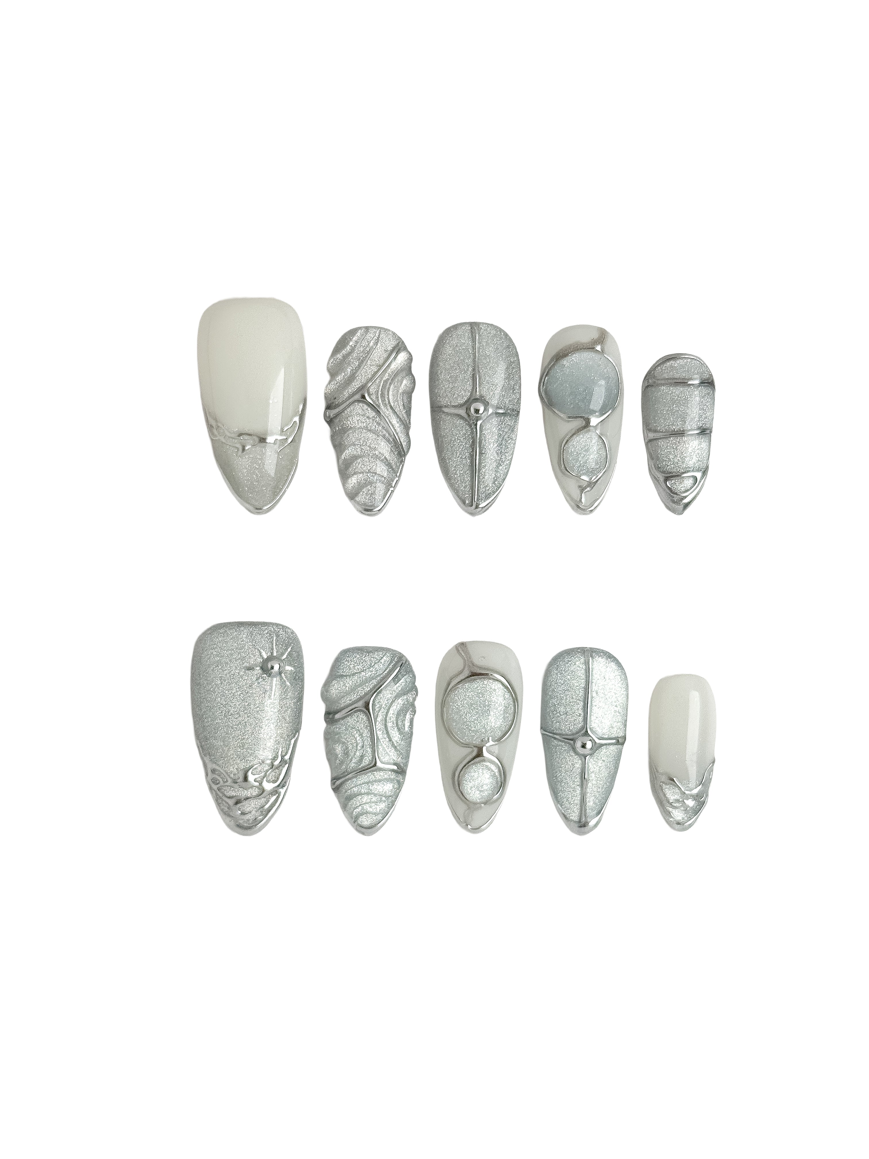 Silver Sculpted Press On Nails Medium Almond