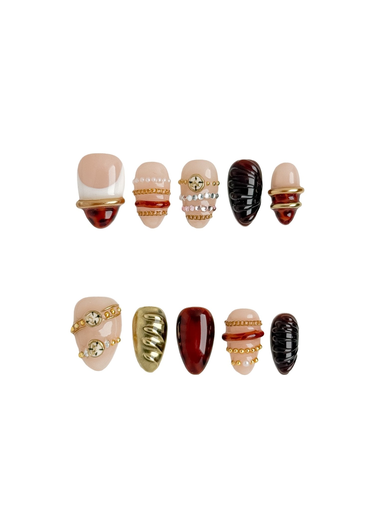 Handmade Burgundy Gold Charm Press-On Nails – Short Almond