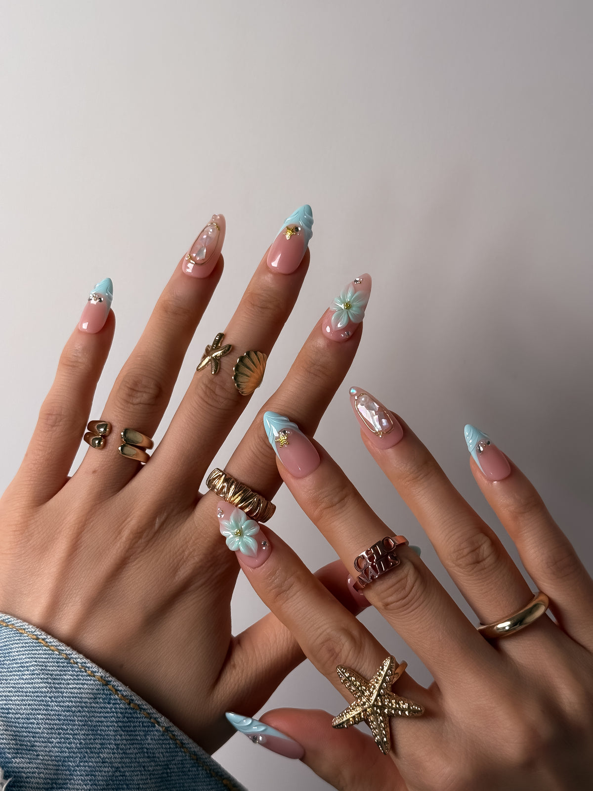 Aqua Blossom Medium Almond Press On Nails