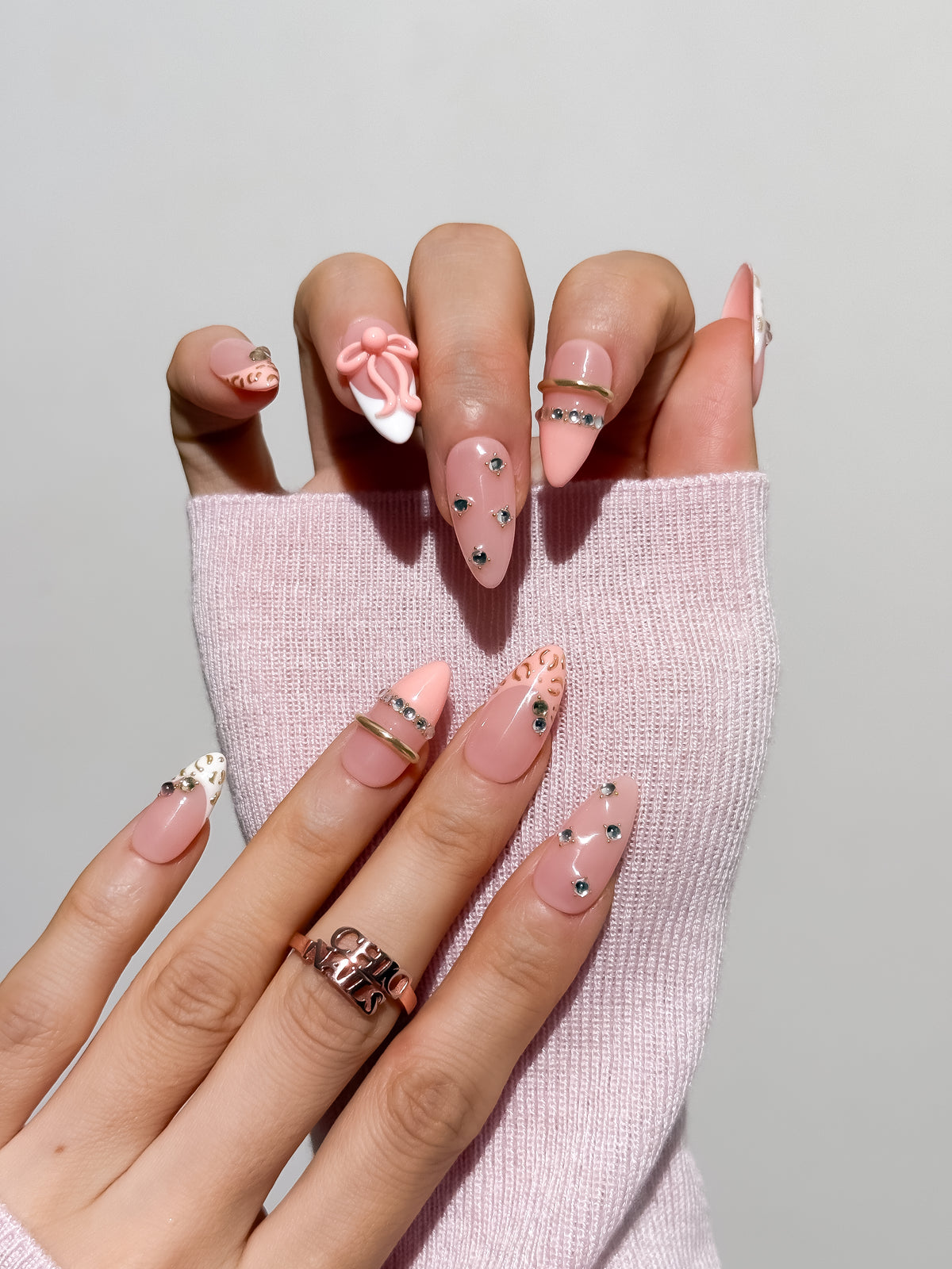 Blush Bow Medium Almond Press On Nails