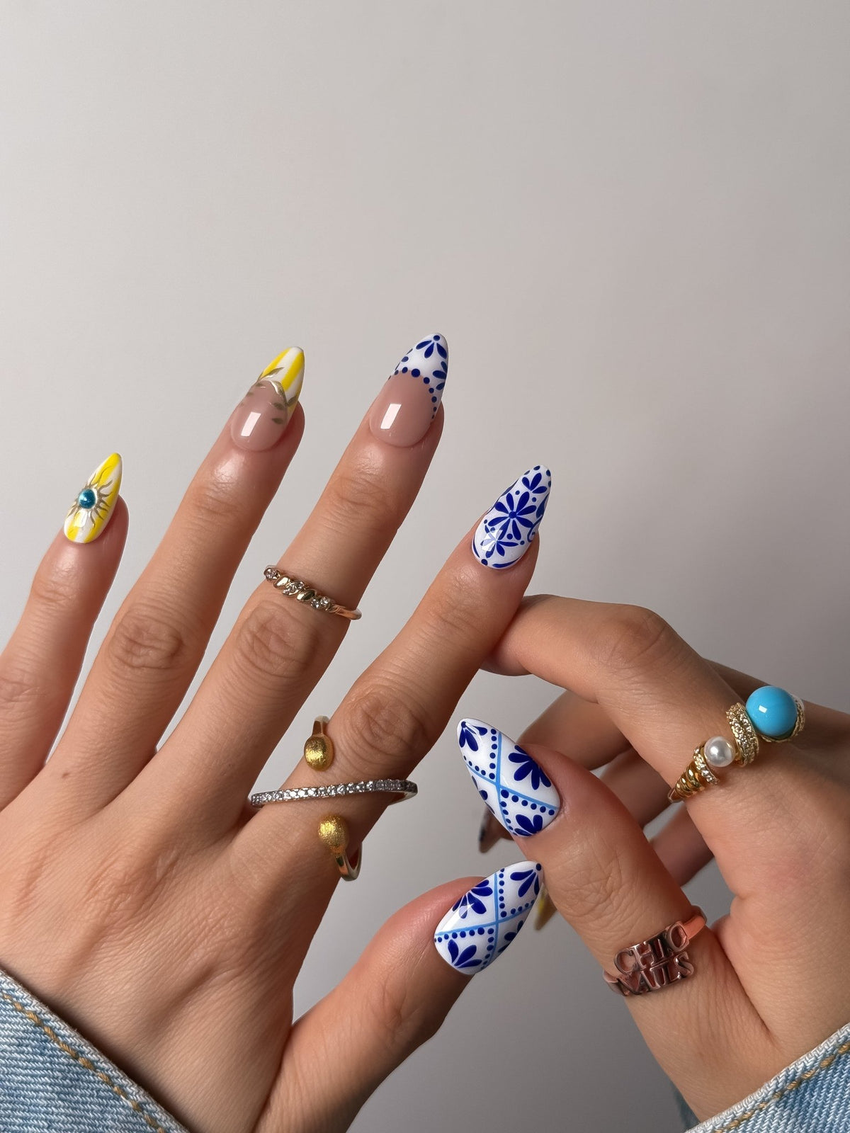 Blue Floral Press On Nails Handmade Reusable Sunflower Medium Almond