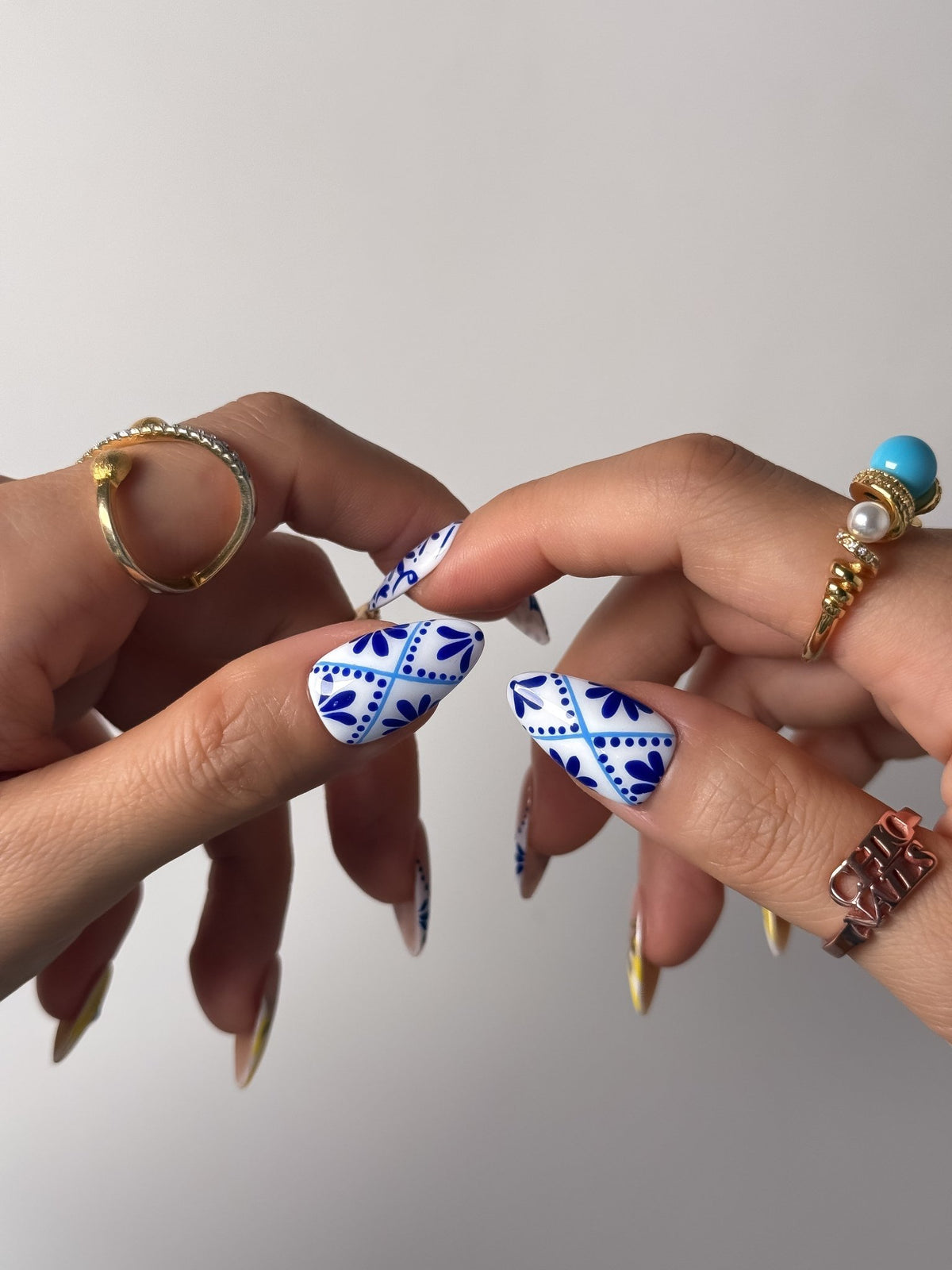 Blue Floral Press On Nails Handmade Reusable Sunflower Medium Almond