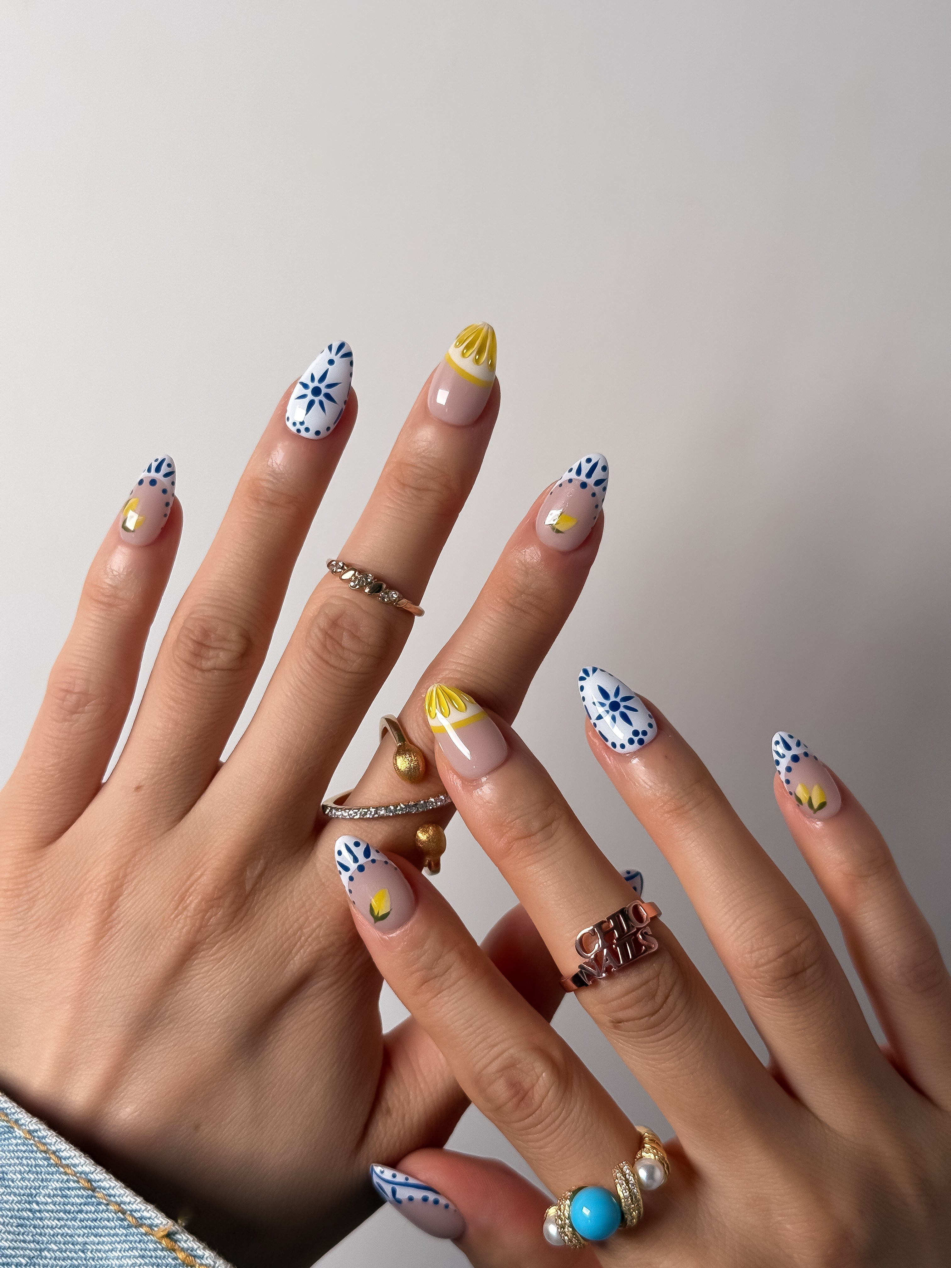 Blue Lemon Press On Nails Handmade Reusable Fake Nails Short Almond