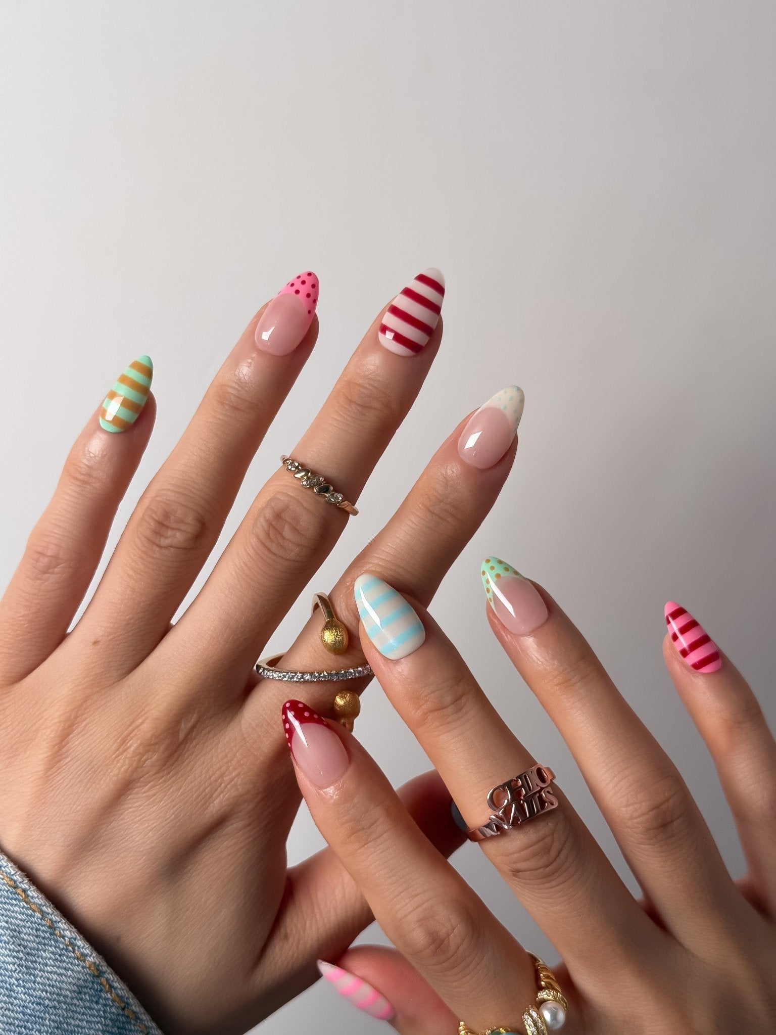 Pastel Candy Stripe & Polka Dot Press On Nails Handmade Reusable Fake Nails Short Almond