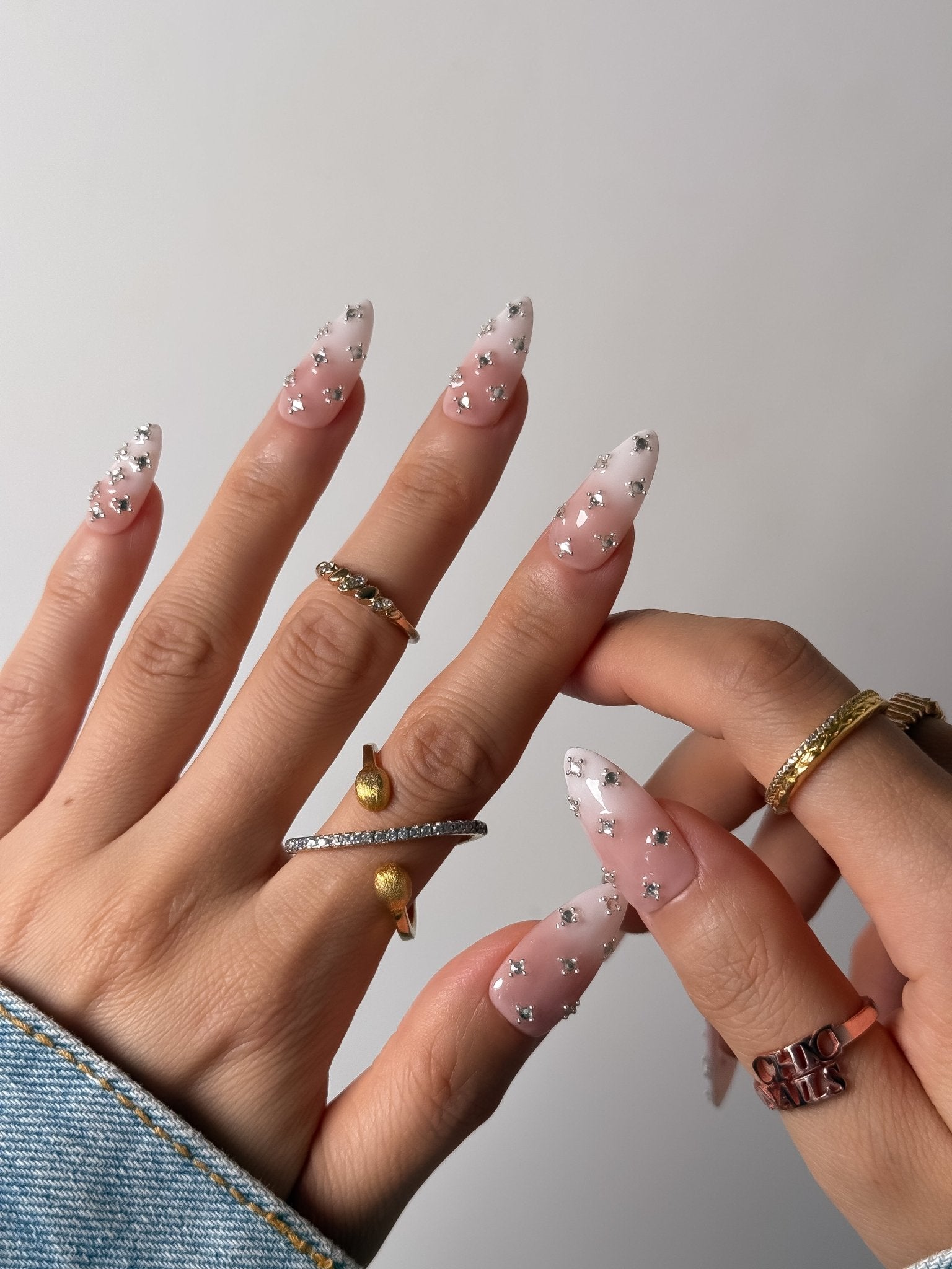White Ombre Crystal Press On Nails Handmade Reusable Fake Nails Medium Almond
