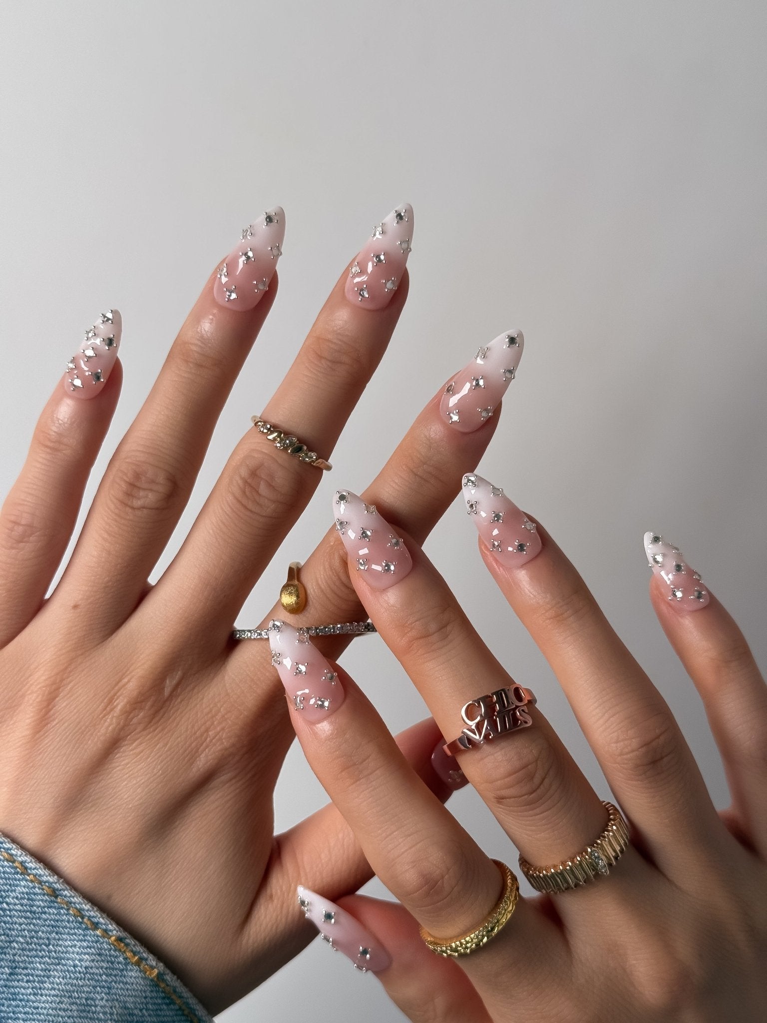 White Ombre Crystal Press On Nails Handmade Reusable Fake Nails Medium Almond