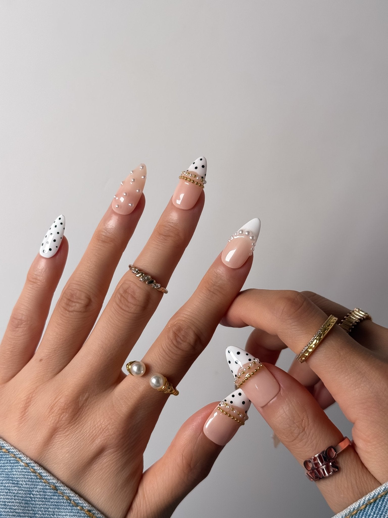 White Pearl Polka Dot Press On Nails Handmade Reusable Medium Almond