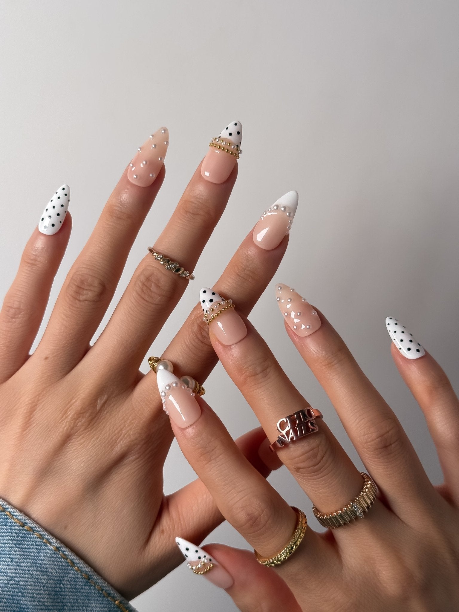 White Pearl Polka Dot Press On Nails Handmade Reusable Medium Almond