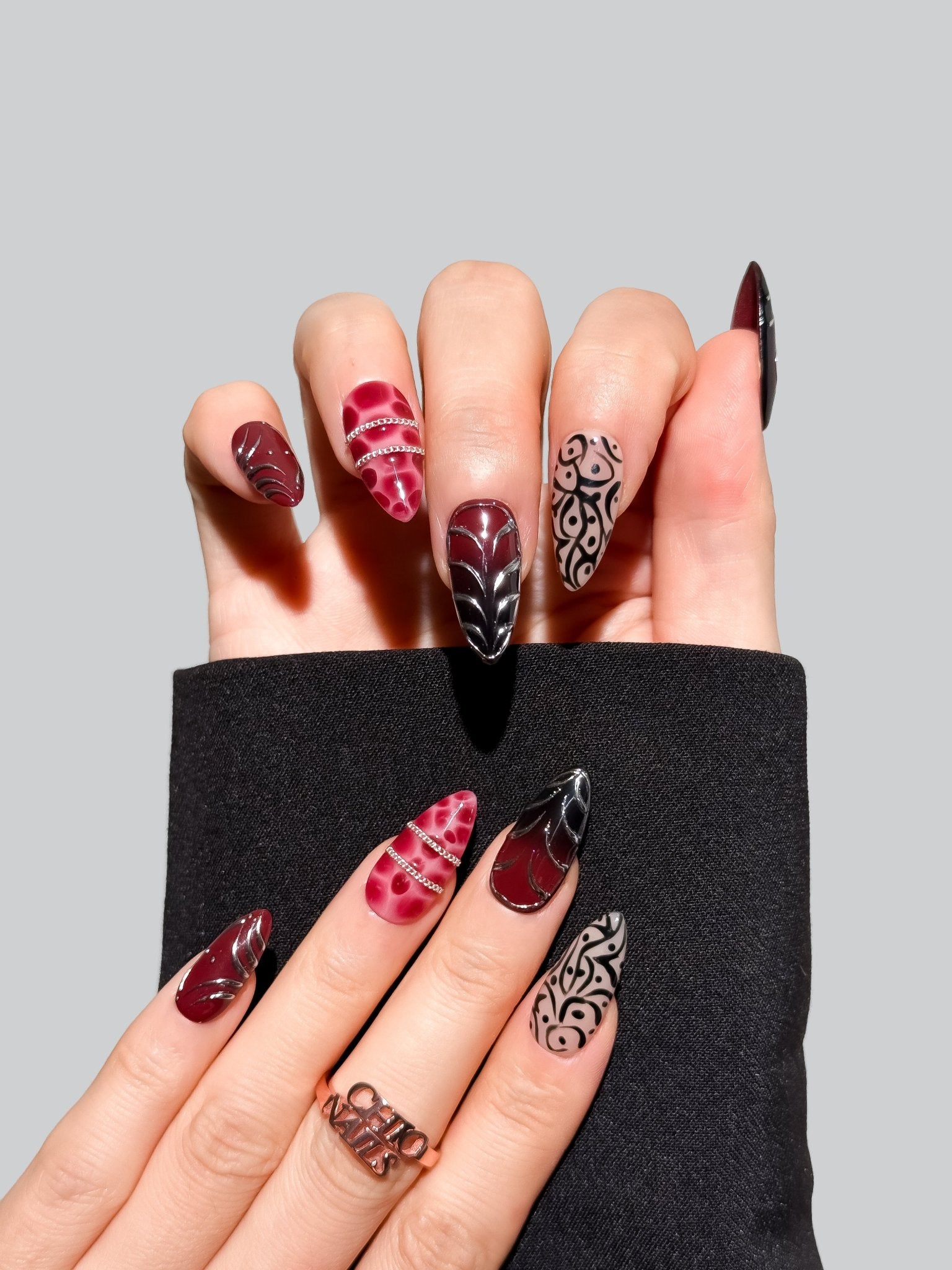 Burgundy Marble & Black Abstract Press On Nails Handmade Reusable Fake Nails Medium Almond