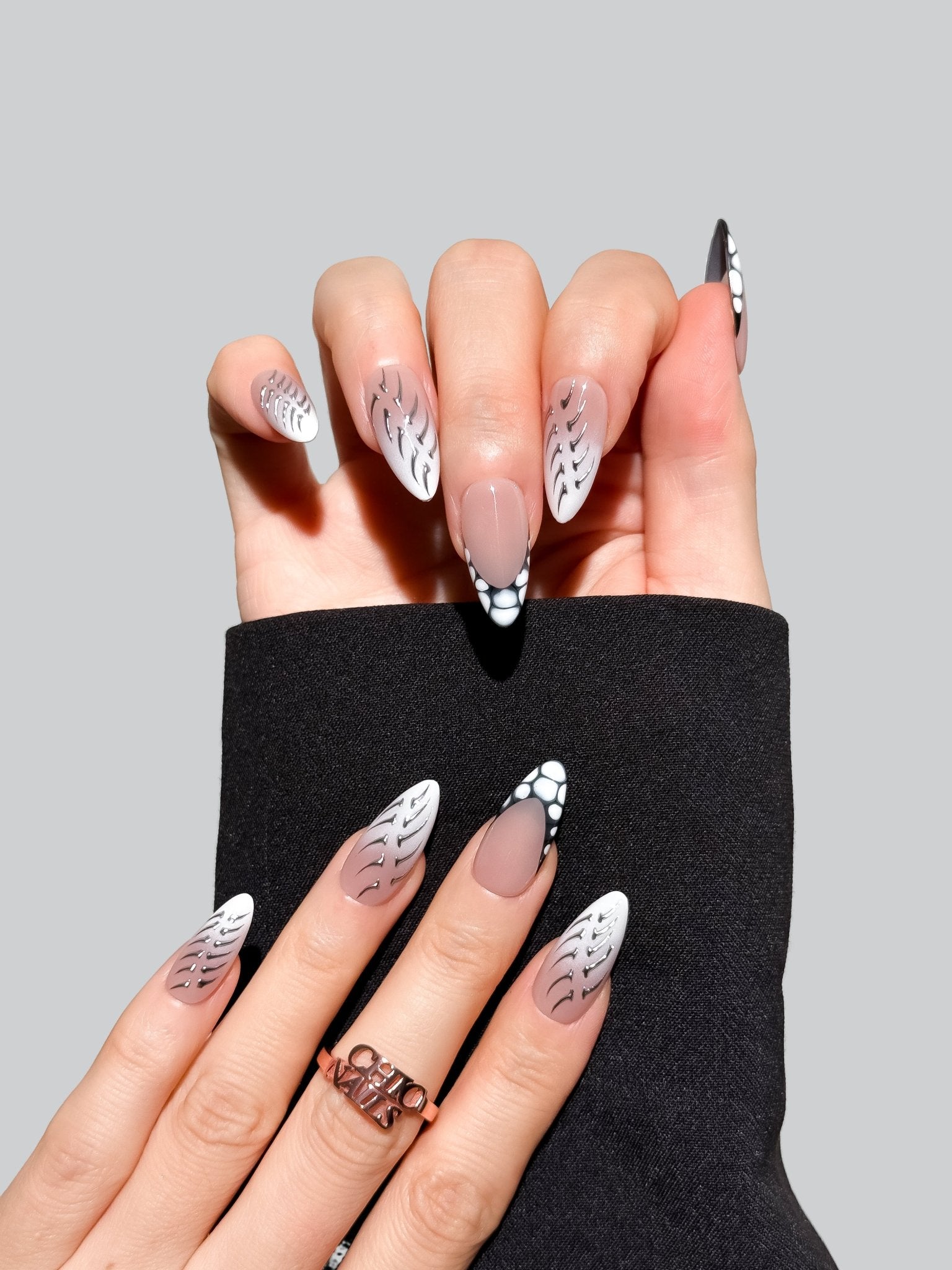 Black & White Flame French Press On Nails Handmade Reusable Fake Nails Medium Almond