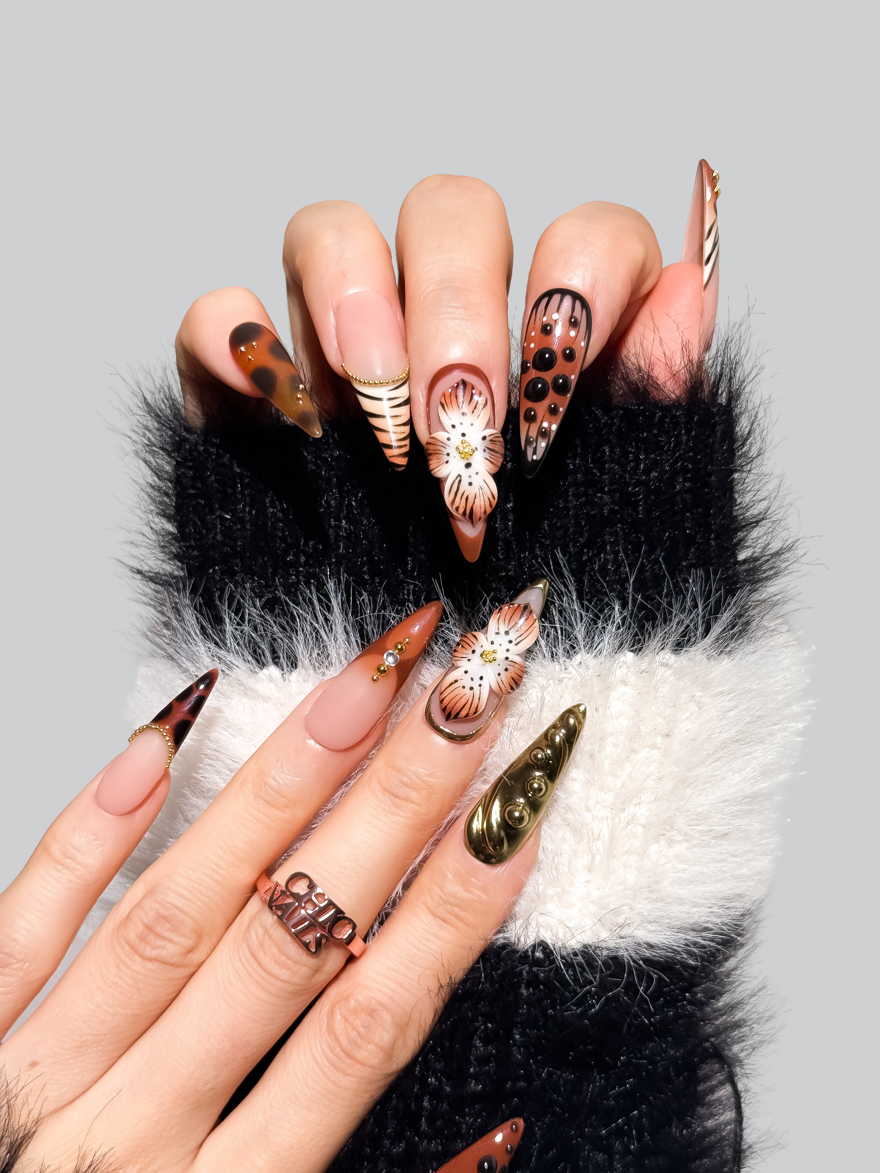 Brown Floral Tortoiseshell Press On Nails Handmade Reusable Fake Nails Long Stiletto