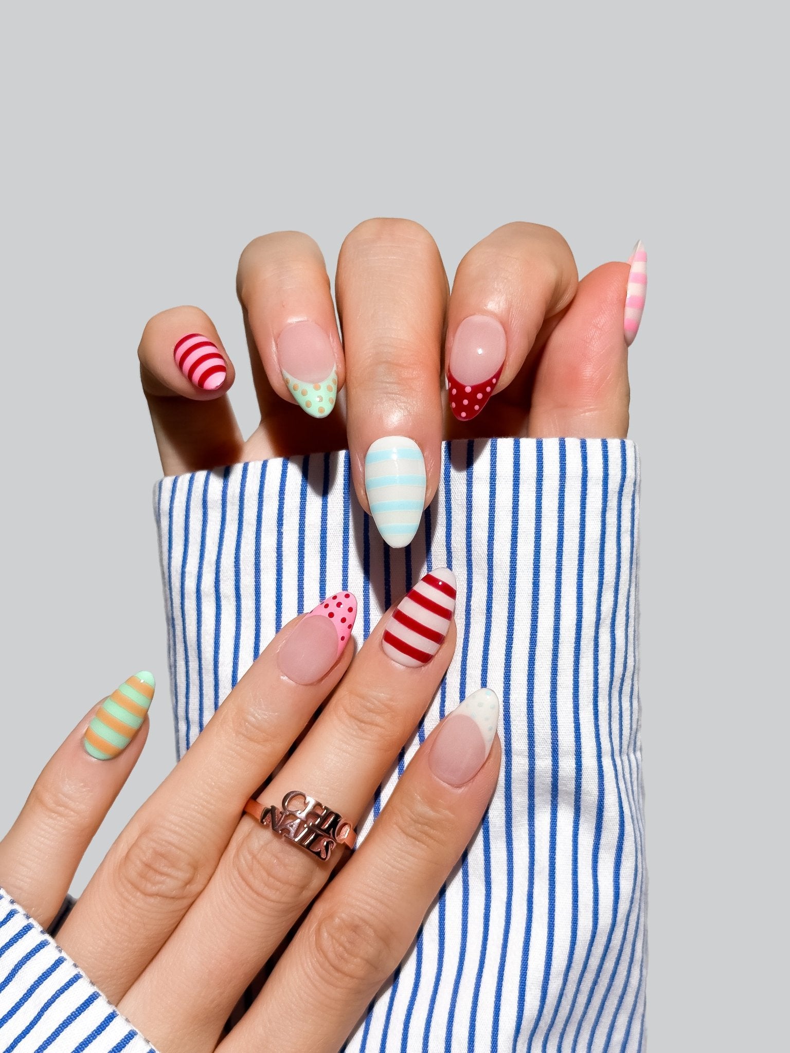 Pastel Candy Stripe & Polka Dot Press On Nails Handmade Reusable Fake Nails Short Almond