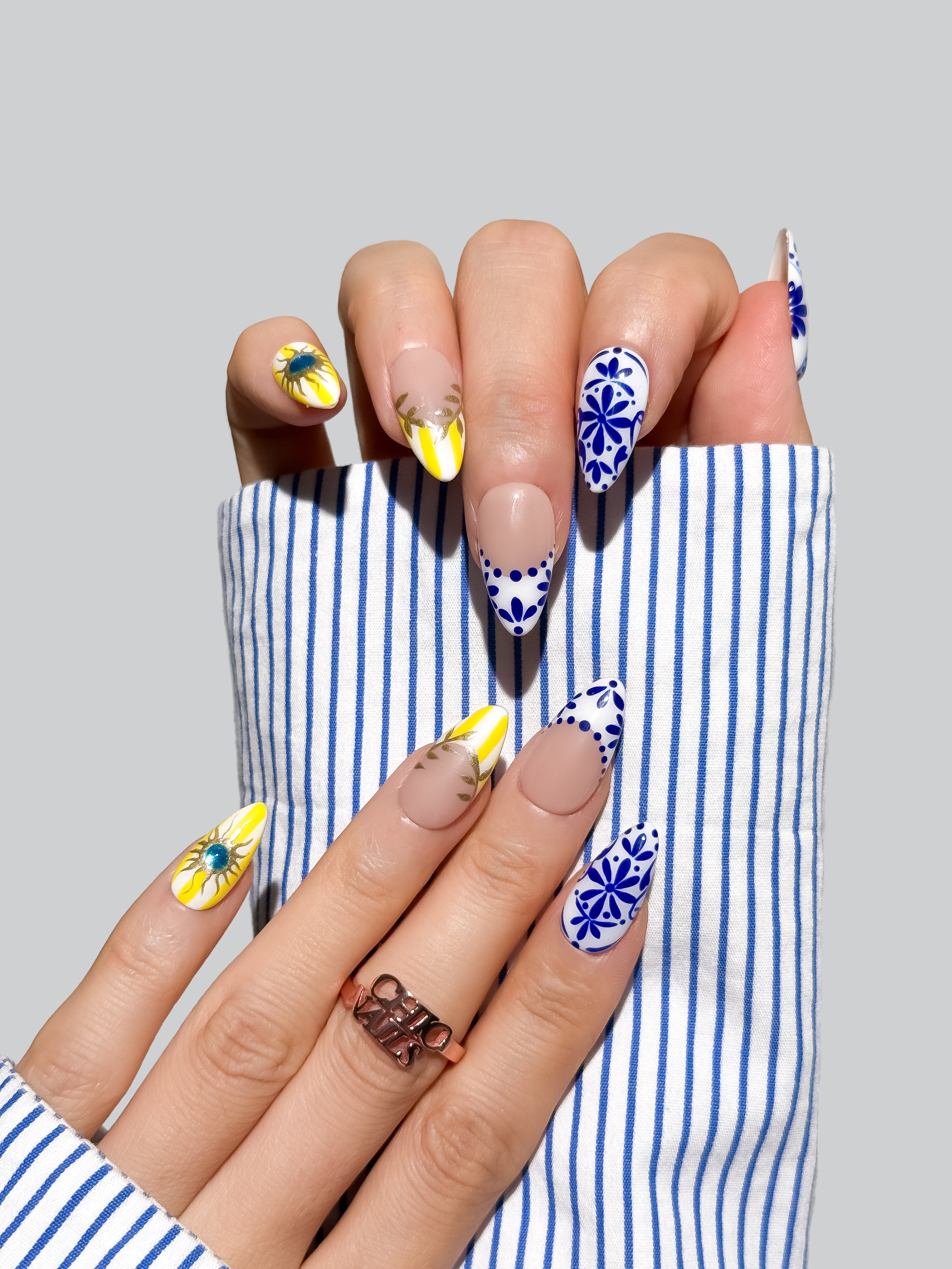 Blue Floral Press On Nails Handmade Reusable Sunflower Medium Almond