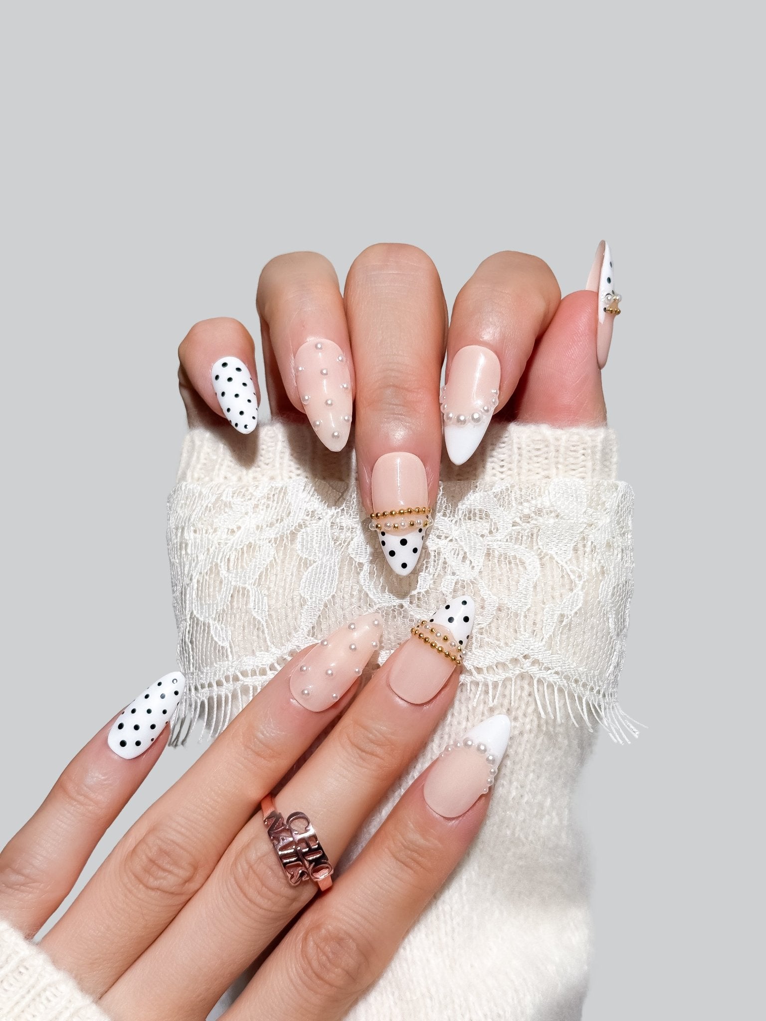 White Pearl Polka Dot Press On Nails Handmade Reusable Medium Almond