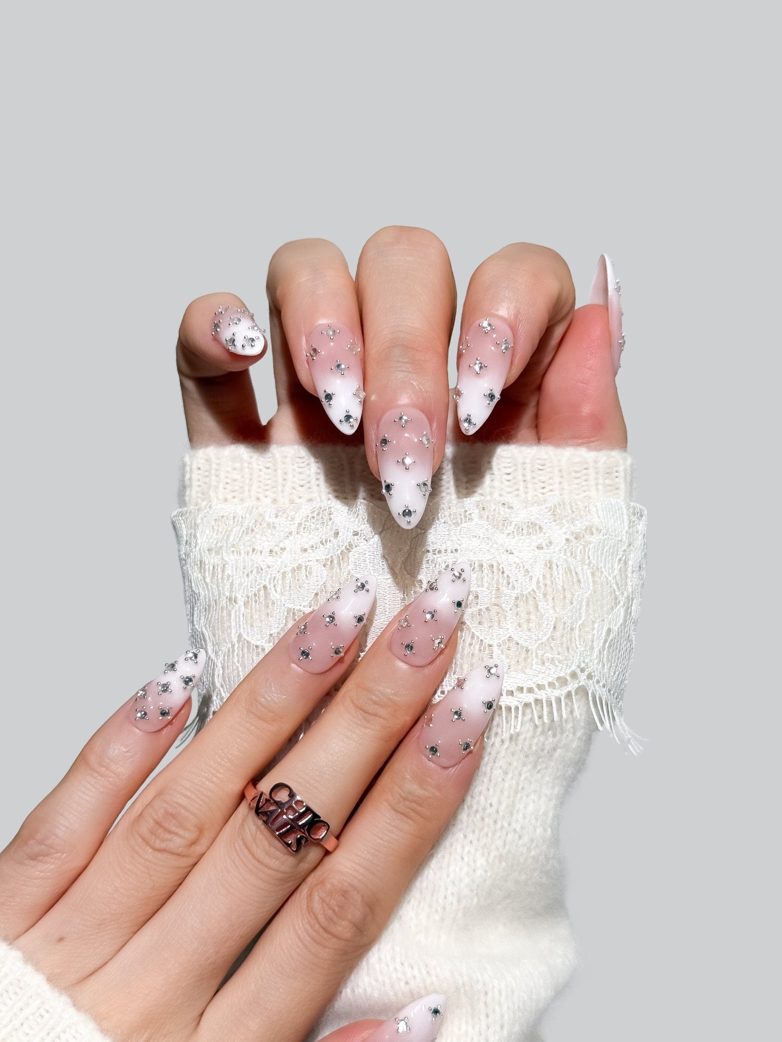 White Ombre Crystal Press On Nails Handmade Reusable Fake Nails Medium Almond