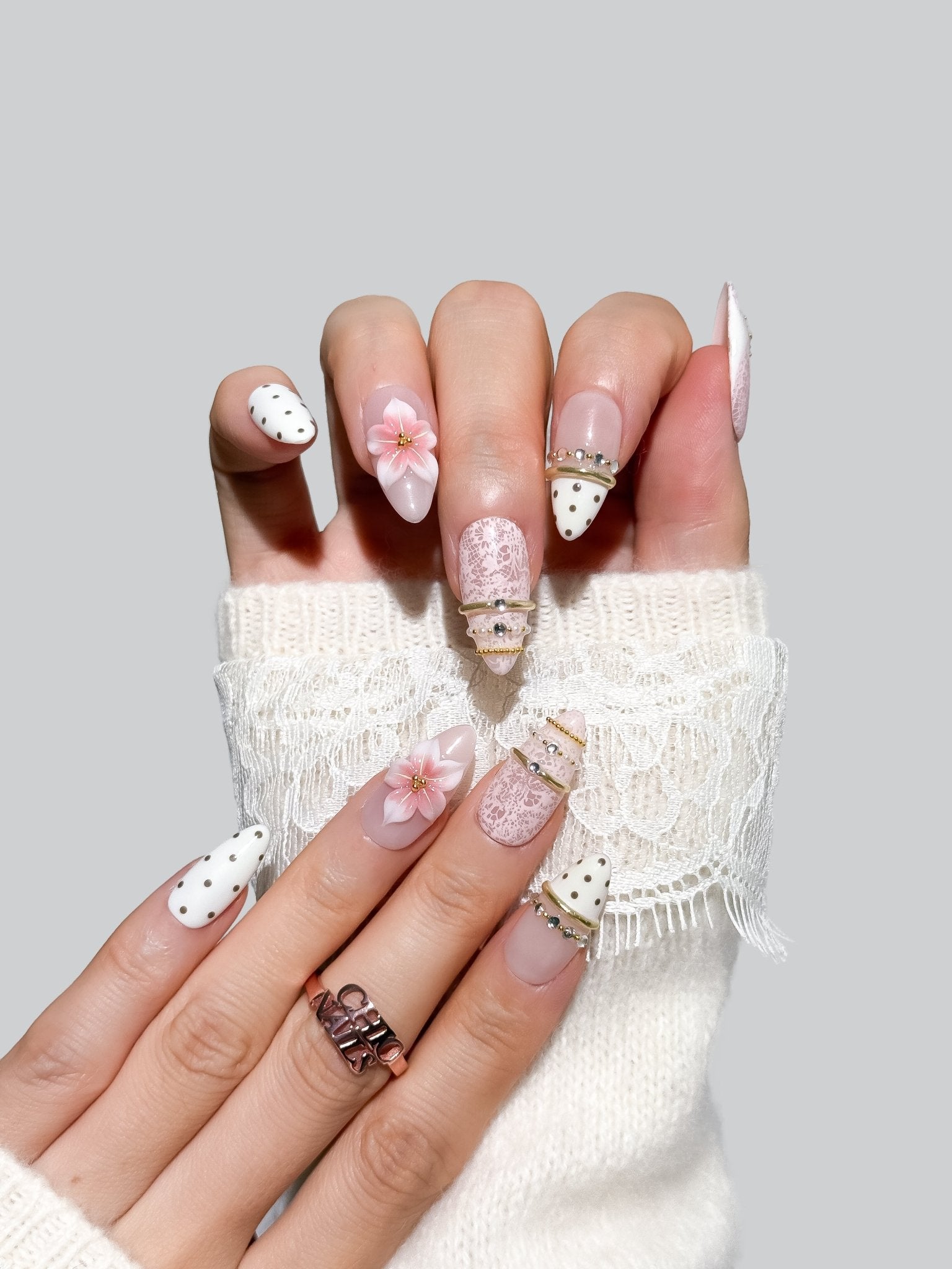 Pink Blossom Pearl Press On Nails Handmade Reusable Fake Nails Medium Almond