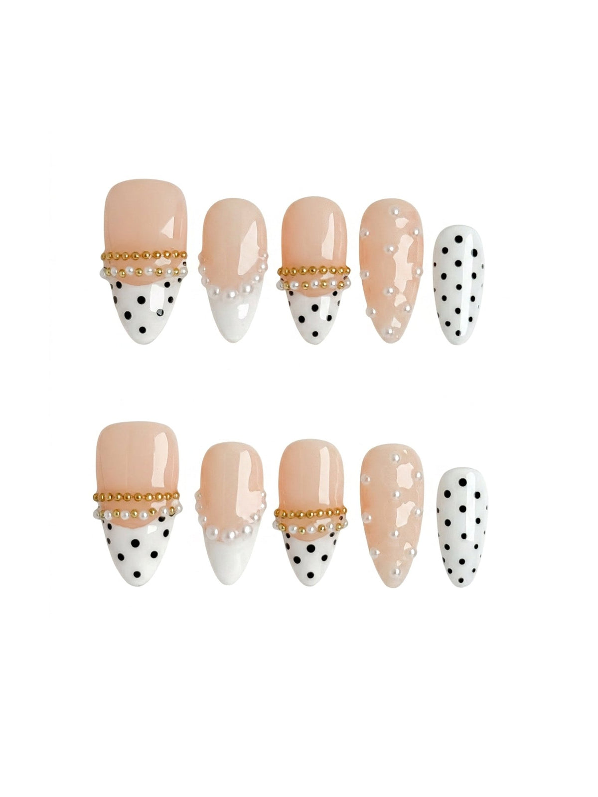 White Pearl Polka Dot Press On Nails Handmade Reusable Medium Almond