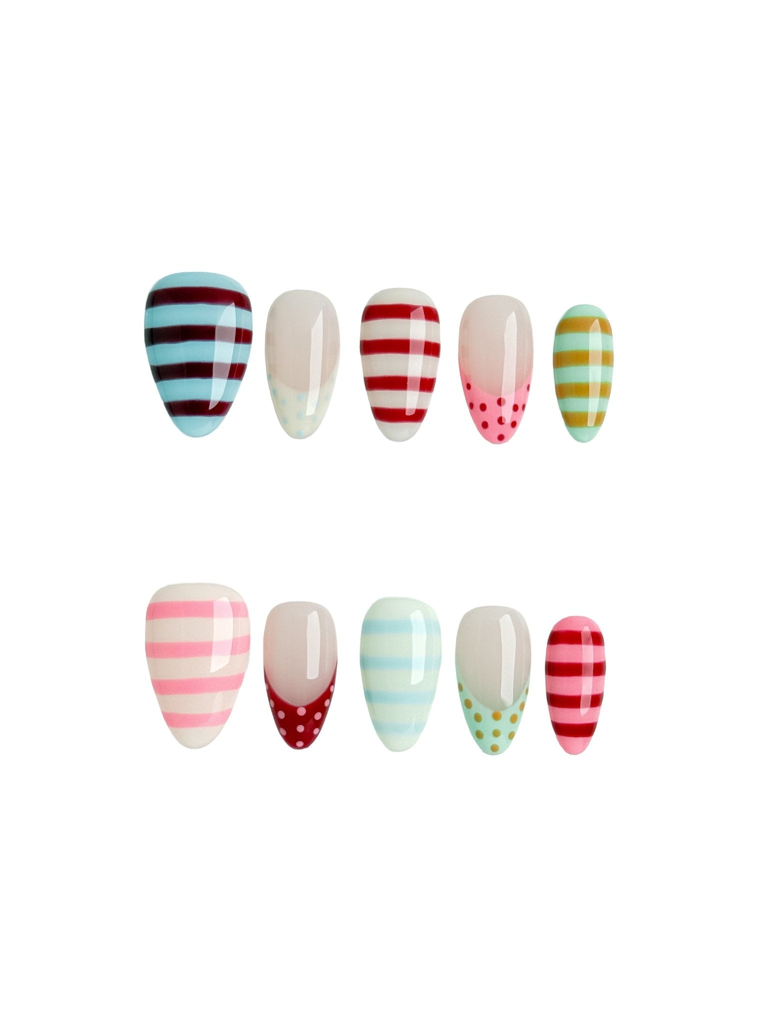 Pastel Candy Stripe & Polka Dot Press On Nails Handmade Reusable Fake Nails Short Almond