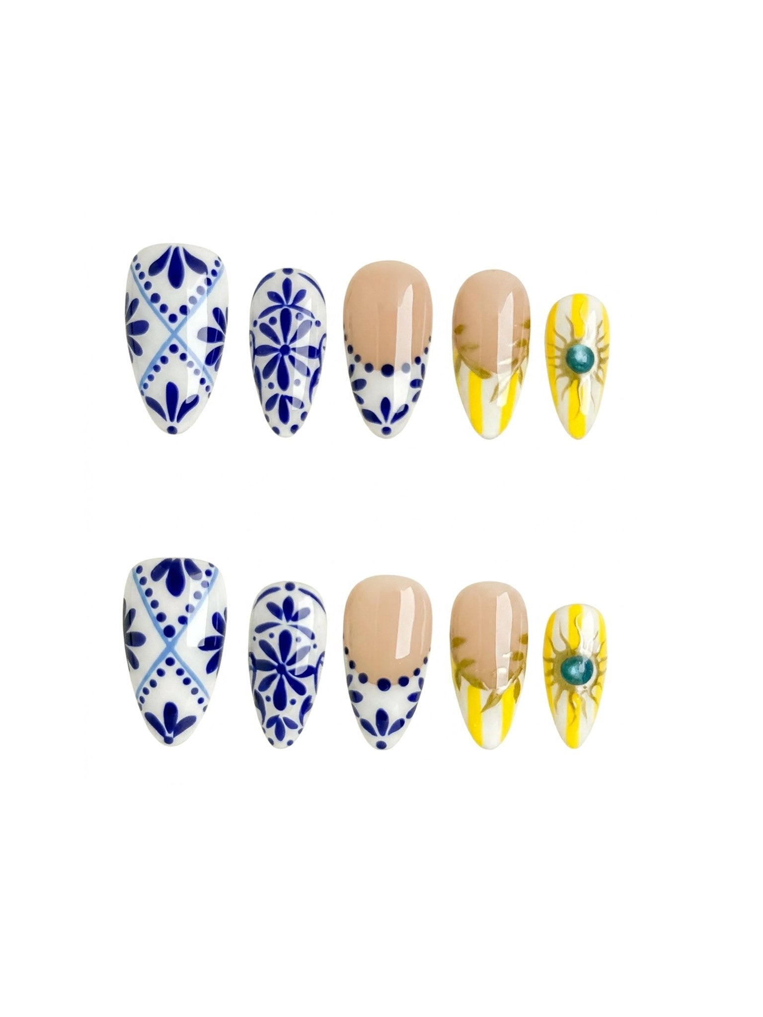 Blue Floral Press On Nails Handmade Reusable Sunflower Medium Almond