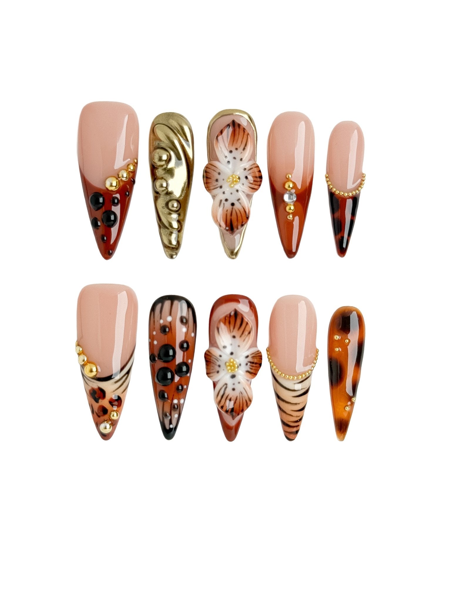 Brown Floral Tortoiseshell Press On Nails Handmade Reusable Fake Nails Long Stiletto