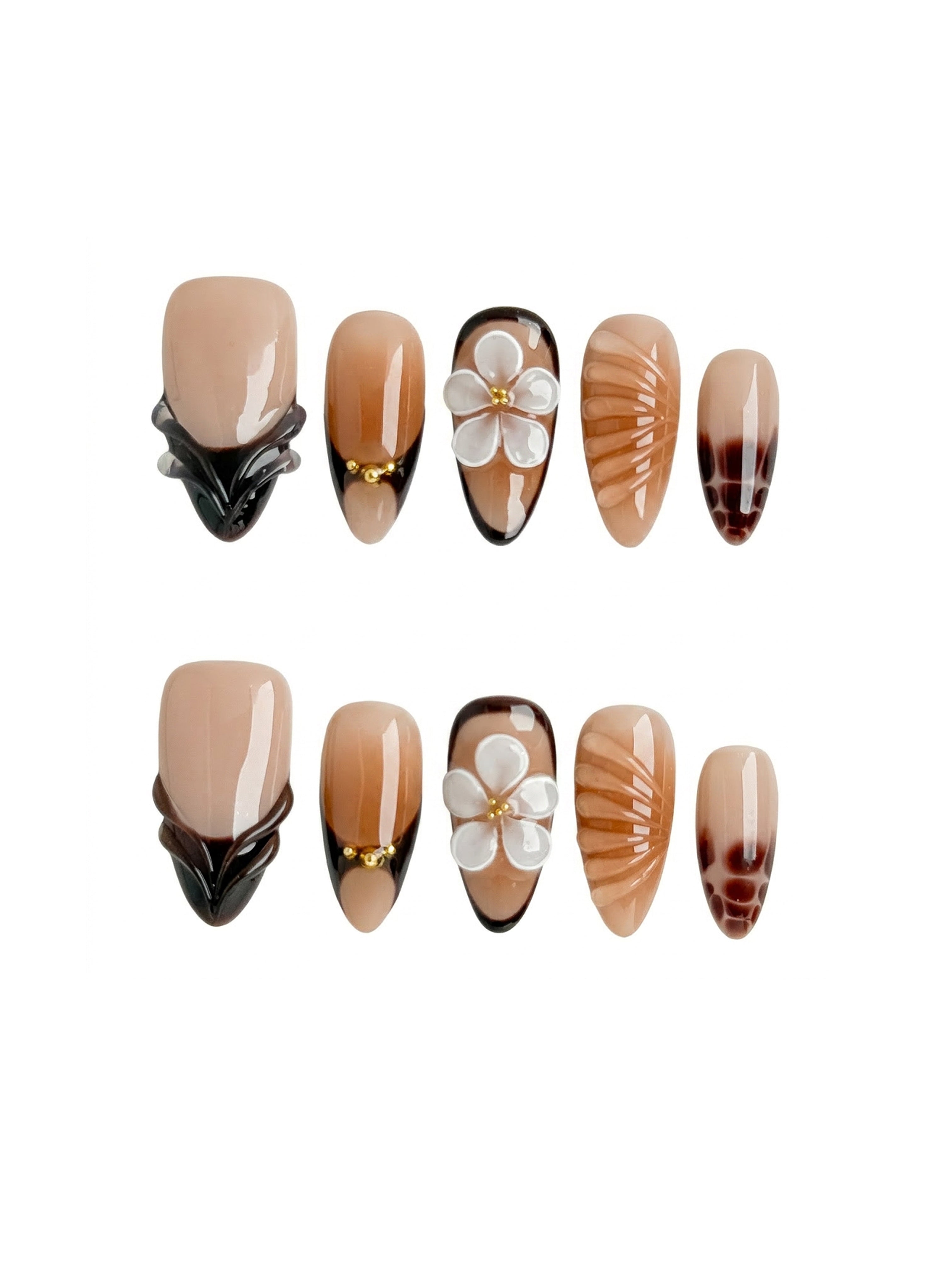 Brown Floral Press On Nails Medium Almond