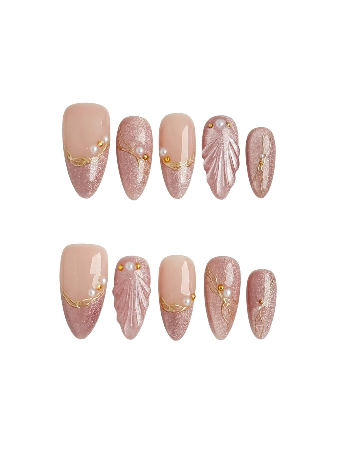 Pink Pearl Shell Press On Nails Handmade Reusable Fake Nails Medium Almond