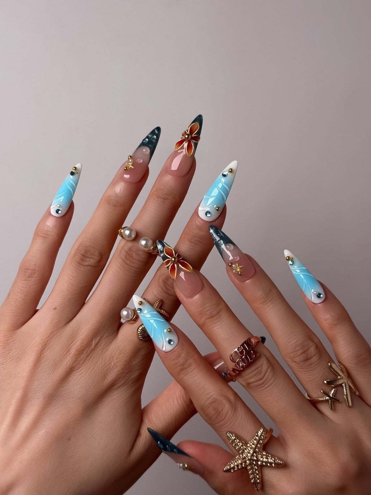 Ocean Bloom Long Stiletto Press On Nails