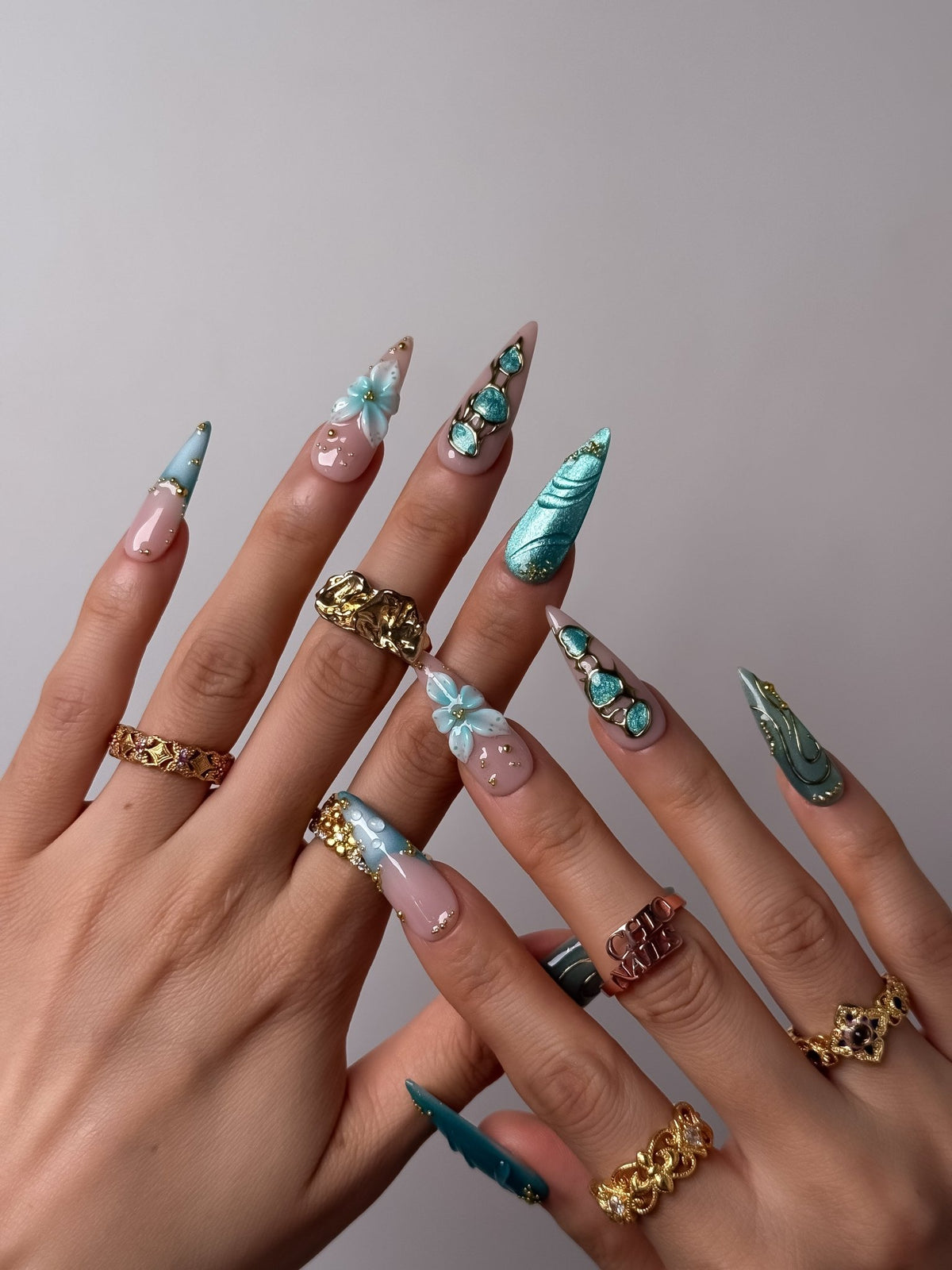 Aqua Jewel Long Stiletto Press On Nails