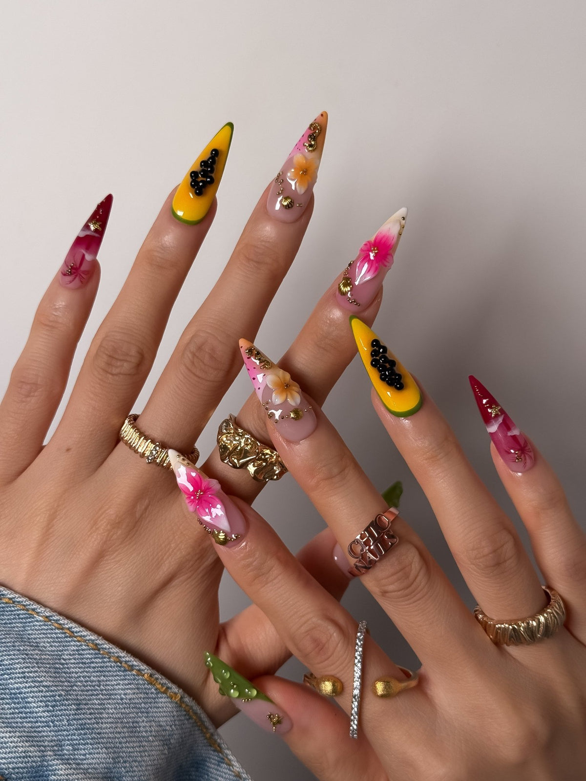 Papaya Hibiscus Press On Nails, Handmade Tropical 3D Flower Nails, Long Stiletto