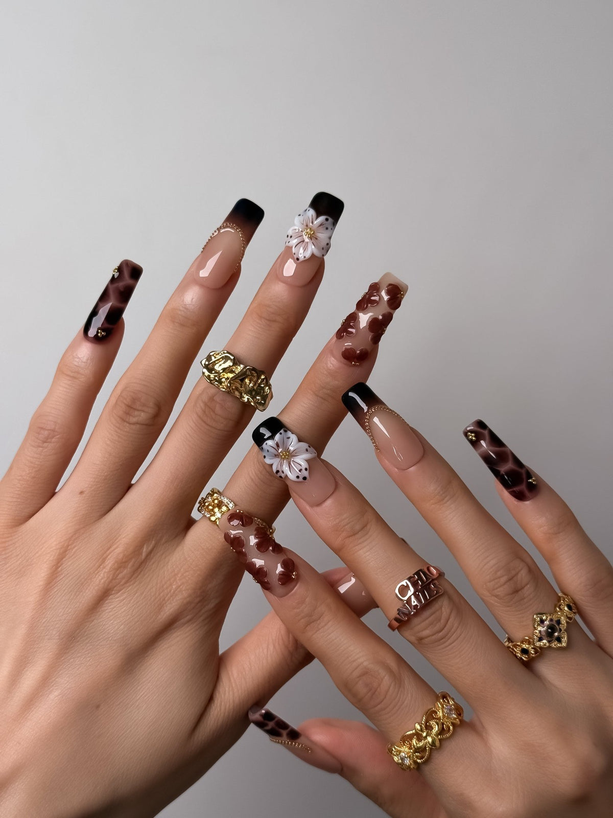 Mocha Blossom Long Square Press On Nails