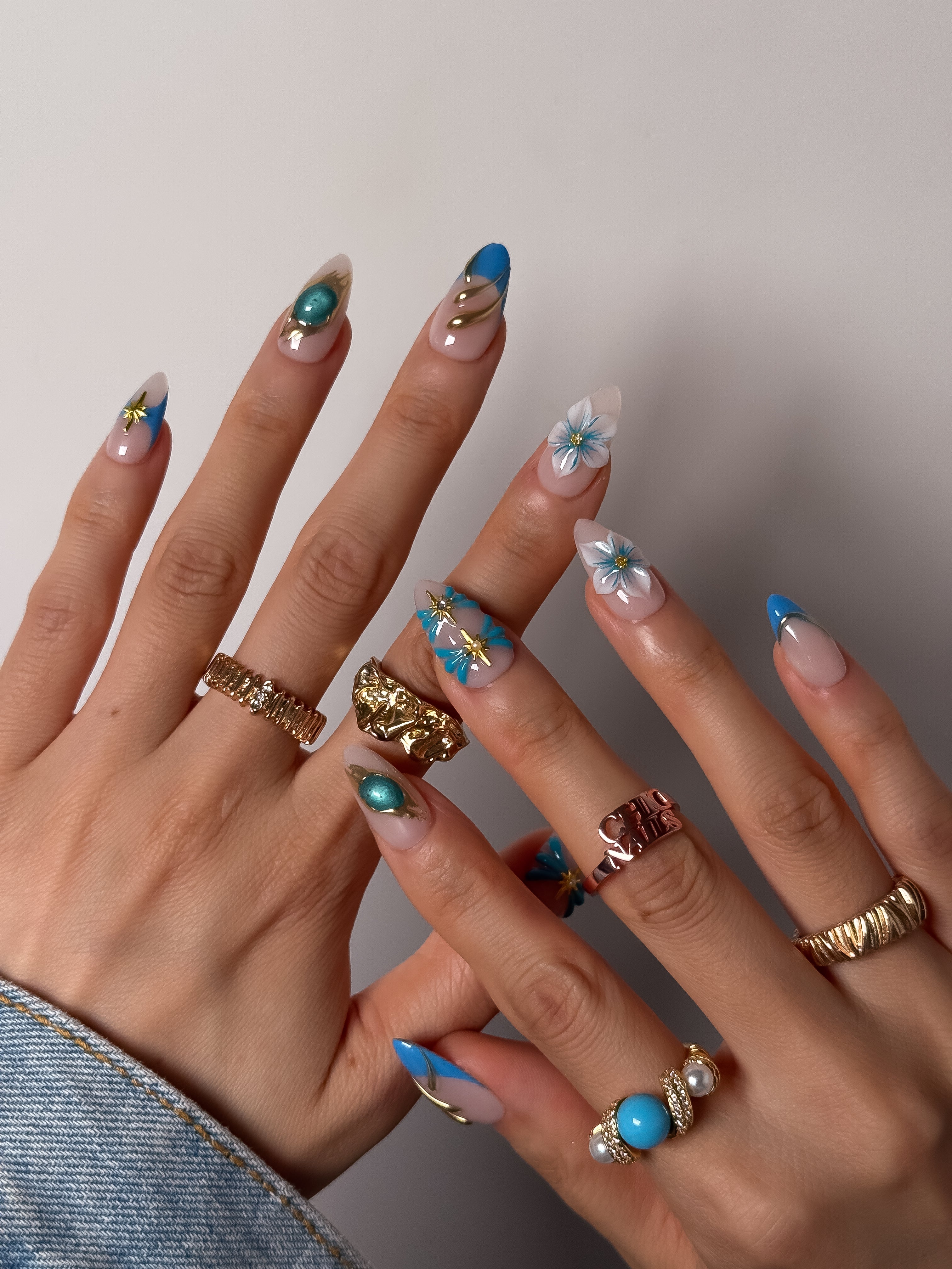 Handmade Blue Floral Press On Nails, Gold Chrome Flower French Nails, Medium Almond