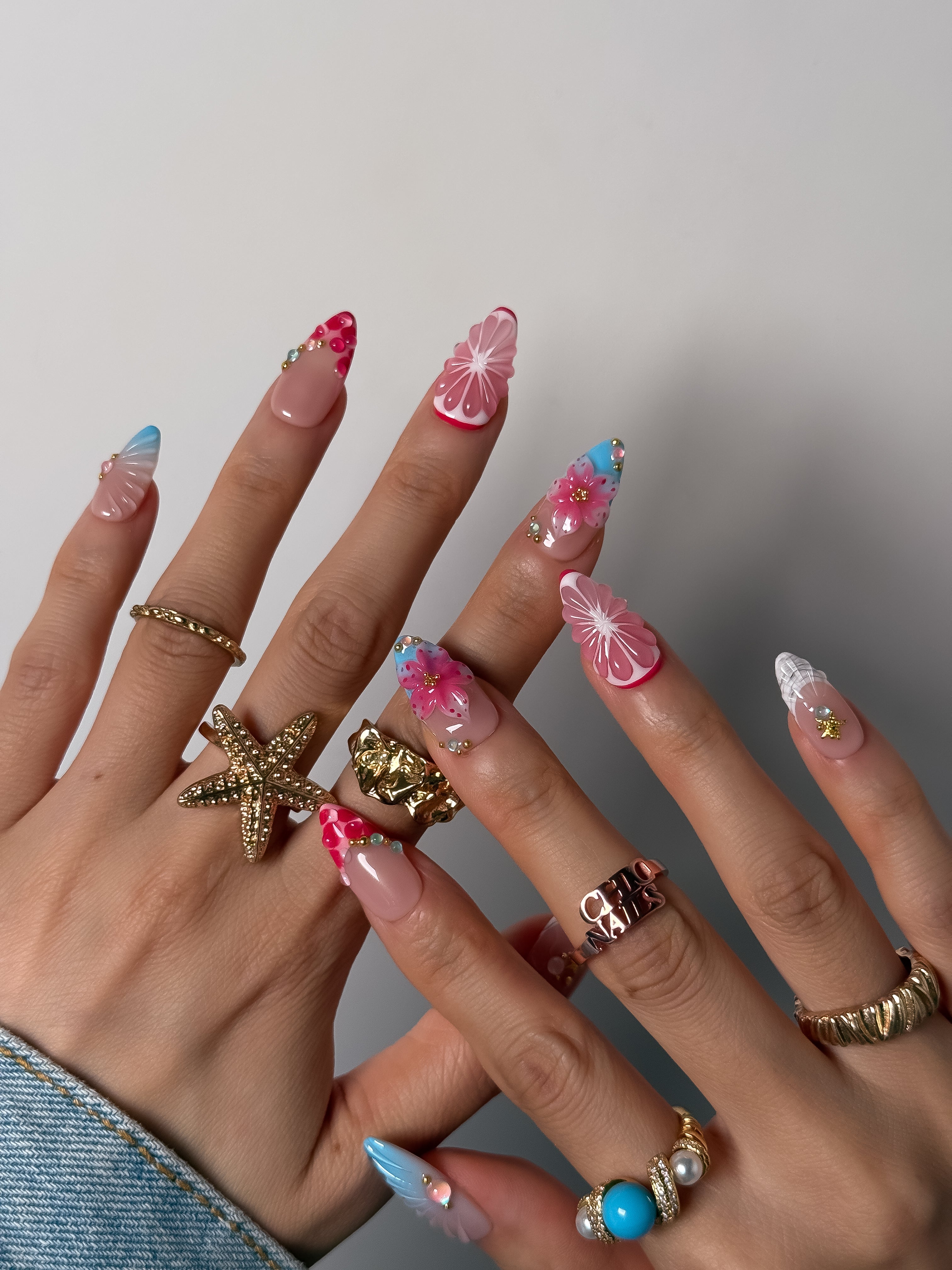 Handmade Pink Citrus Blossom Press On Nails, 3D Floral Fruit Summer Nails, Medium Almond