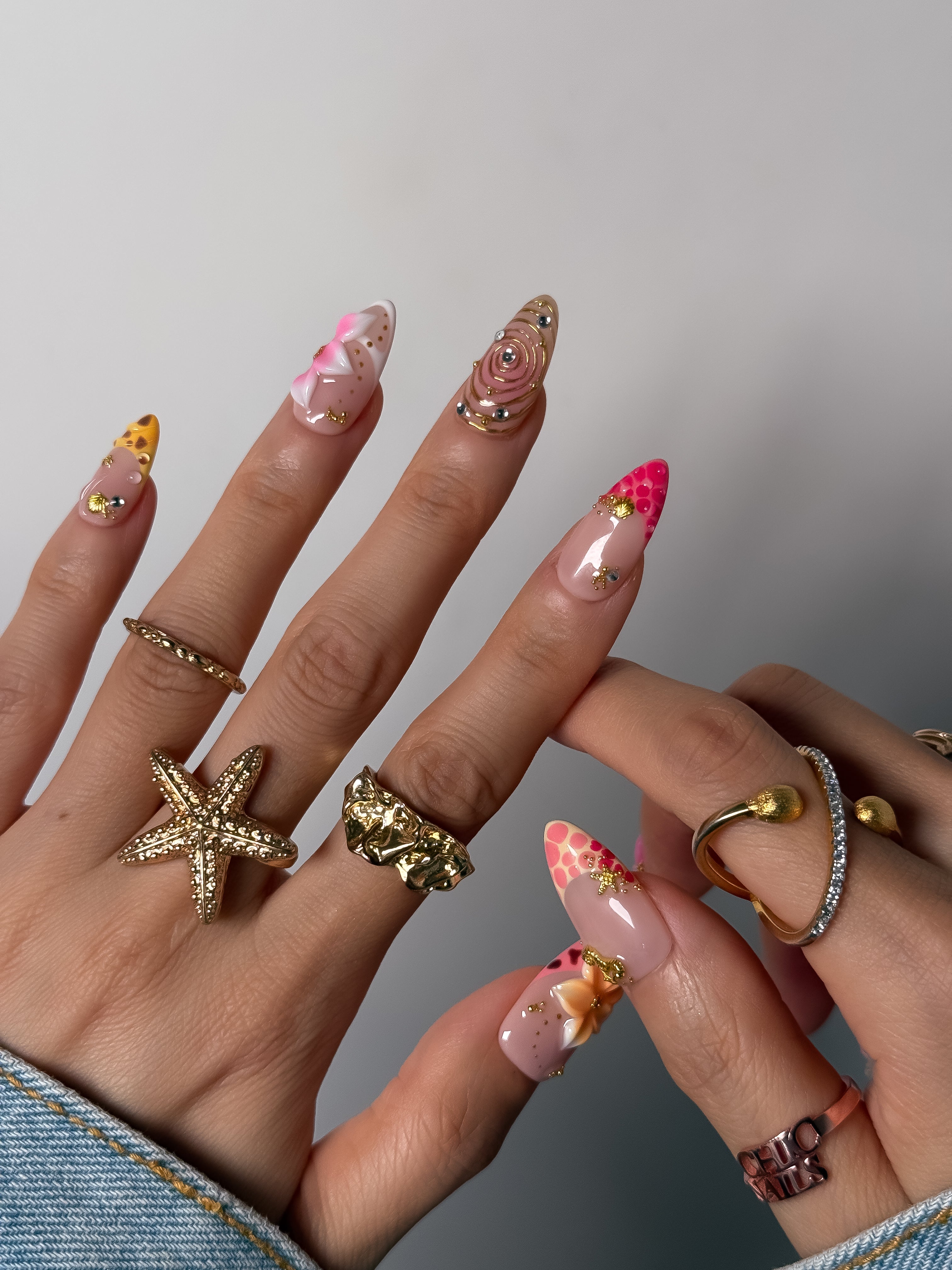 Handmade Pink Floral Bow Press On Nails, 3D Gold Chrome Elegant Nails, Medium Almond