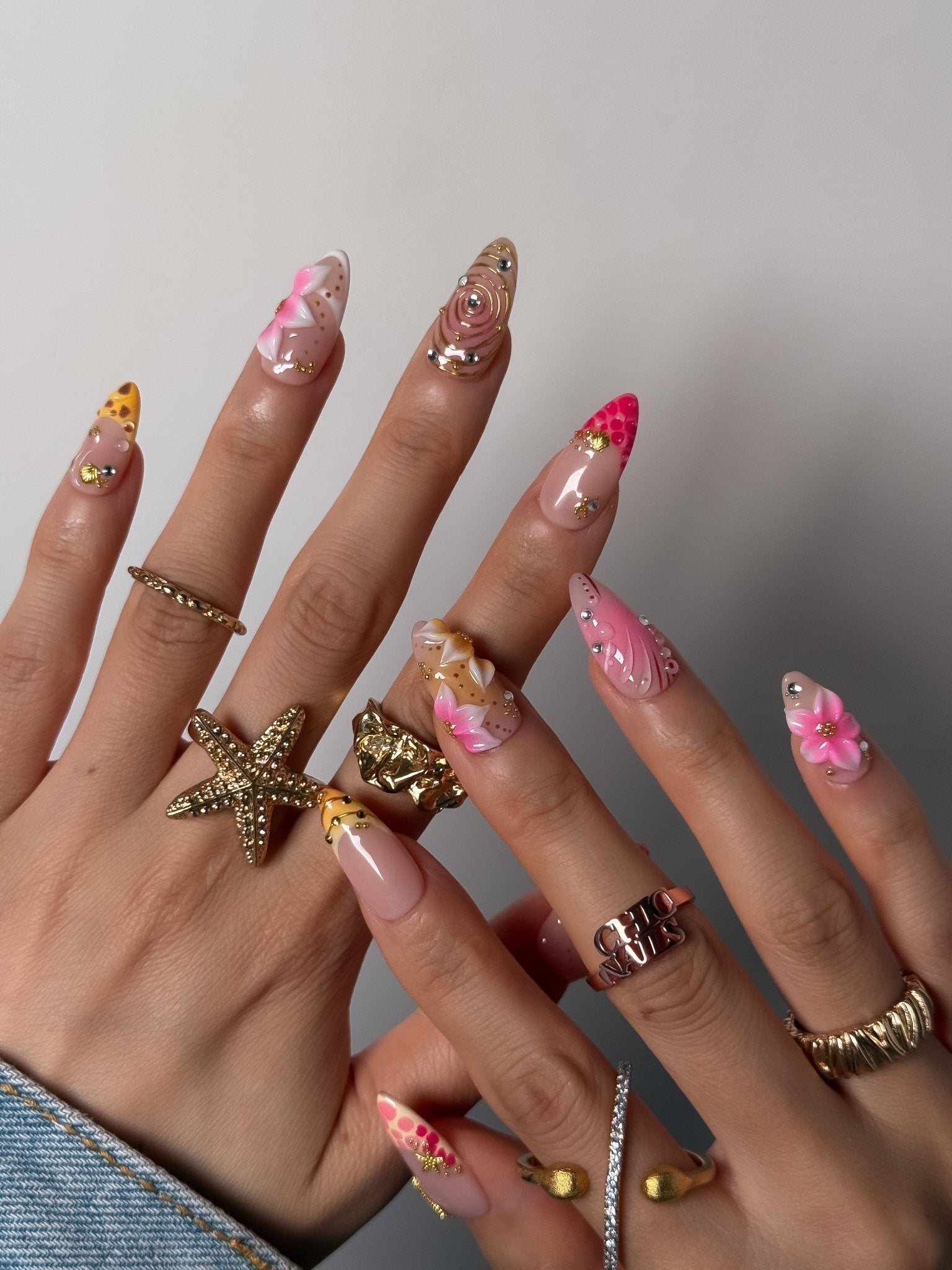 Handmade Pink Floral Bow Press On Nails, 3D Gold Chrome Elegant Nails, Medium Almond