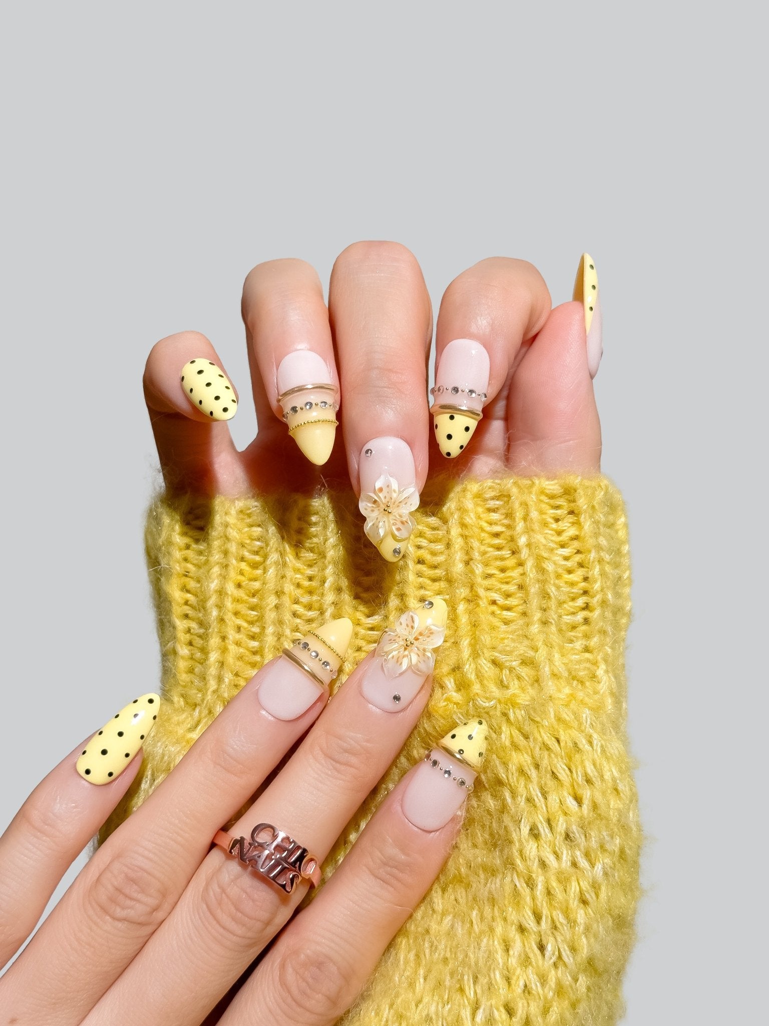 Yellow Polka Dot Flower Press On Nails Handmade Reusable Fake Nails Medium Almond