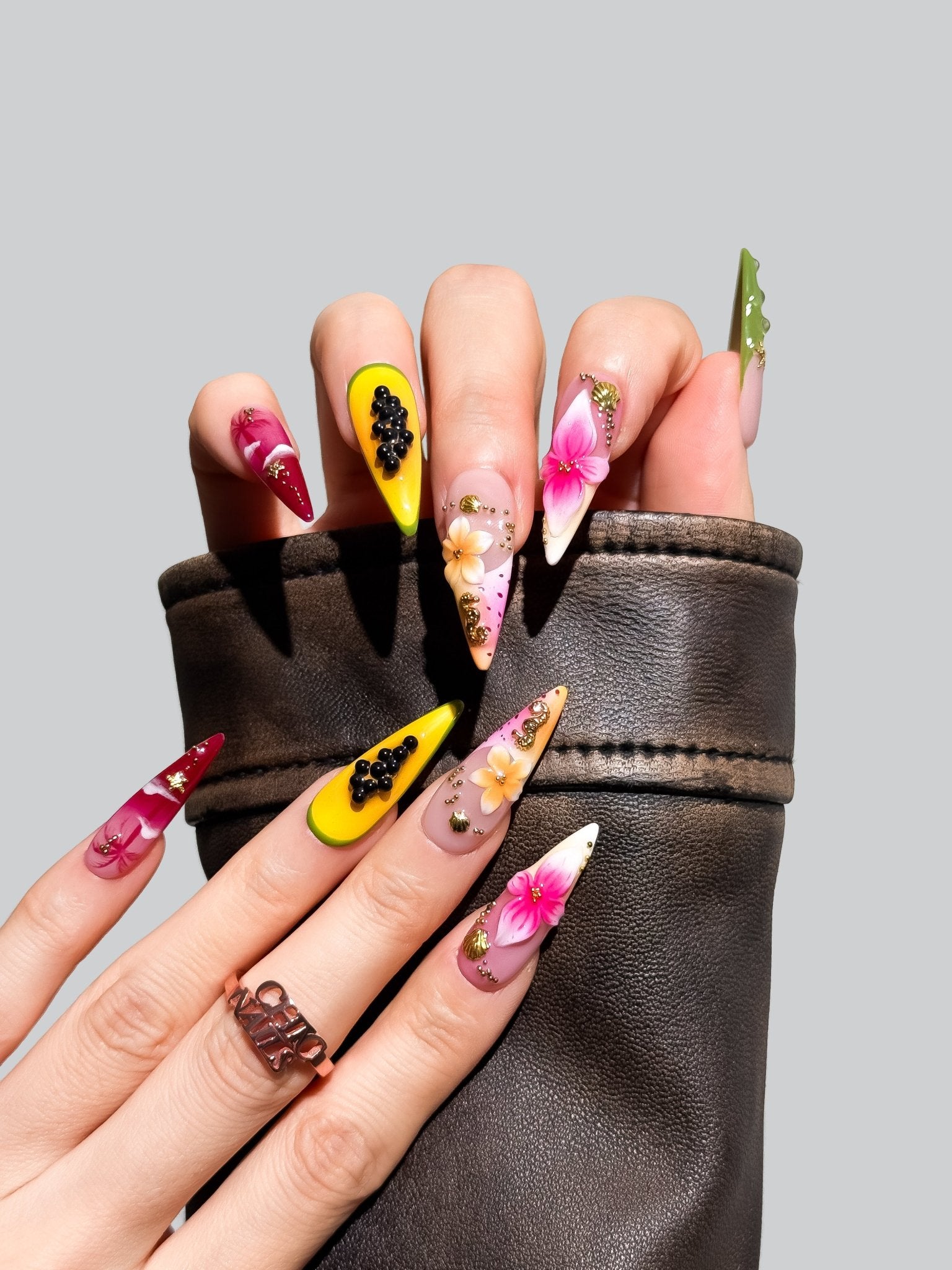 Papaya Hibiscus Press On Nails, Handmade Tropical 3D Flower Nails, Long Stiletto