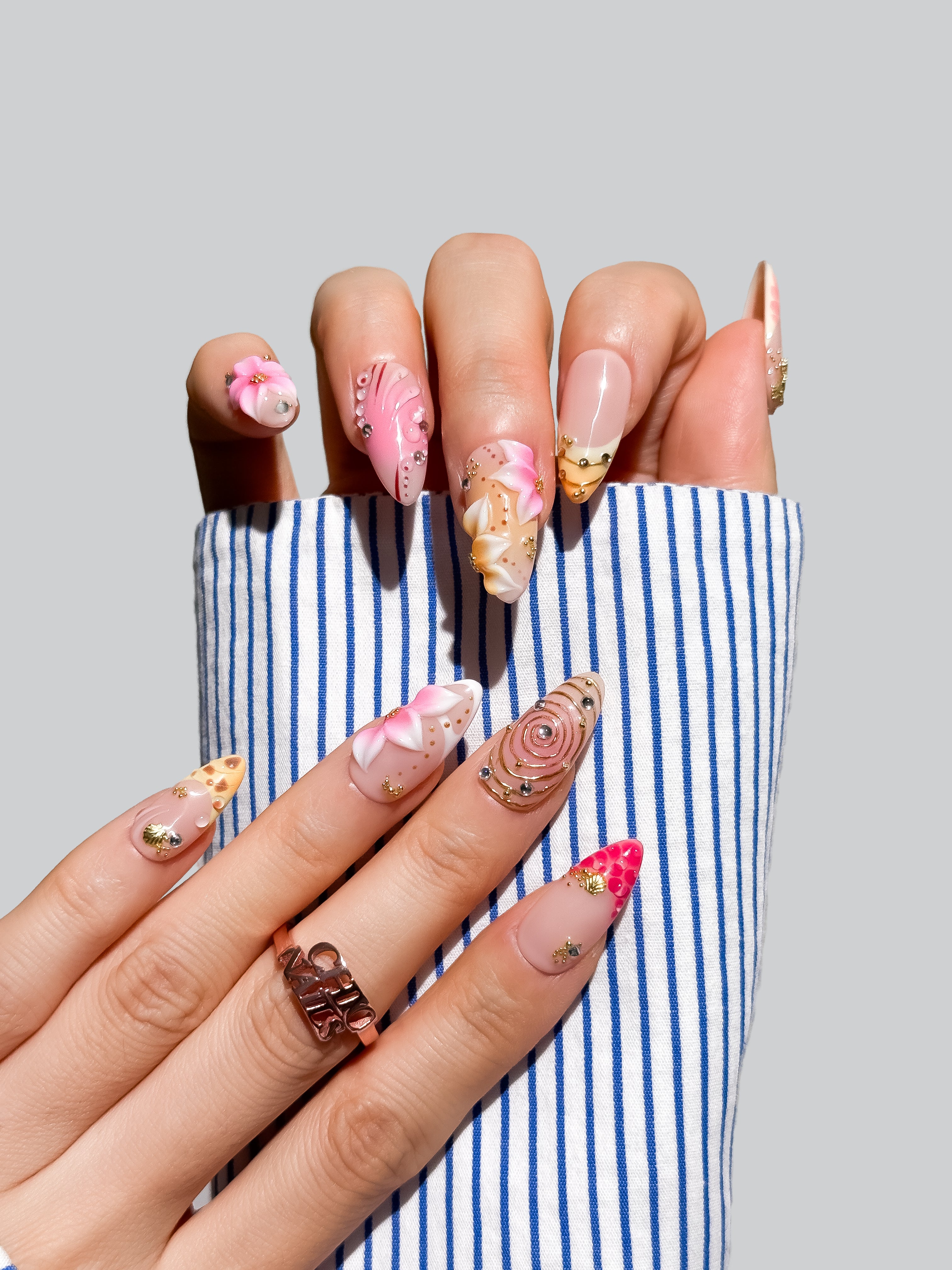 Handmade Pink Floral Bow Press On Nails, 3D Gold Chrome Elegant Nails, Medium Almond