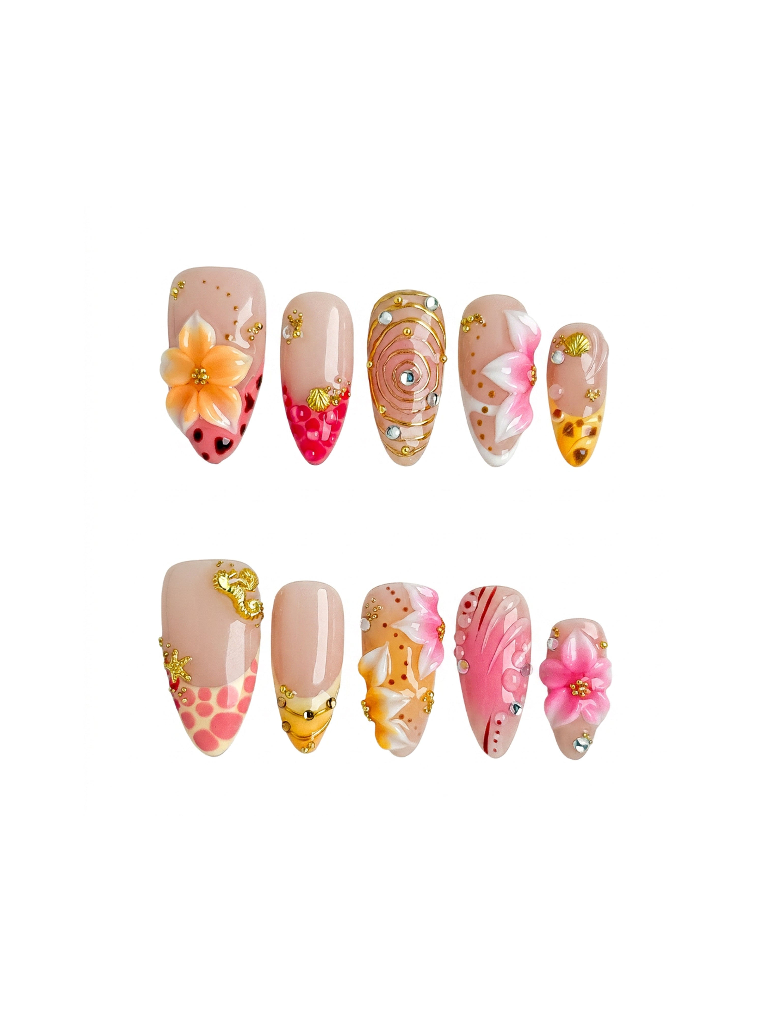 Handmade Pink Floral Bow Press On Nails, 3D Gold Chrome Elegant Nails, Medium Almond