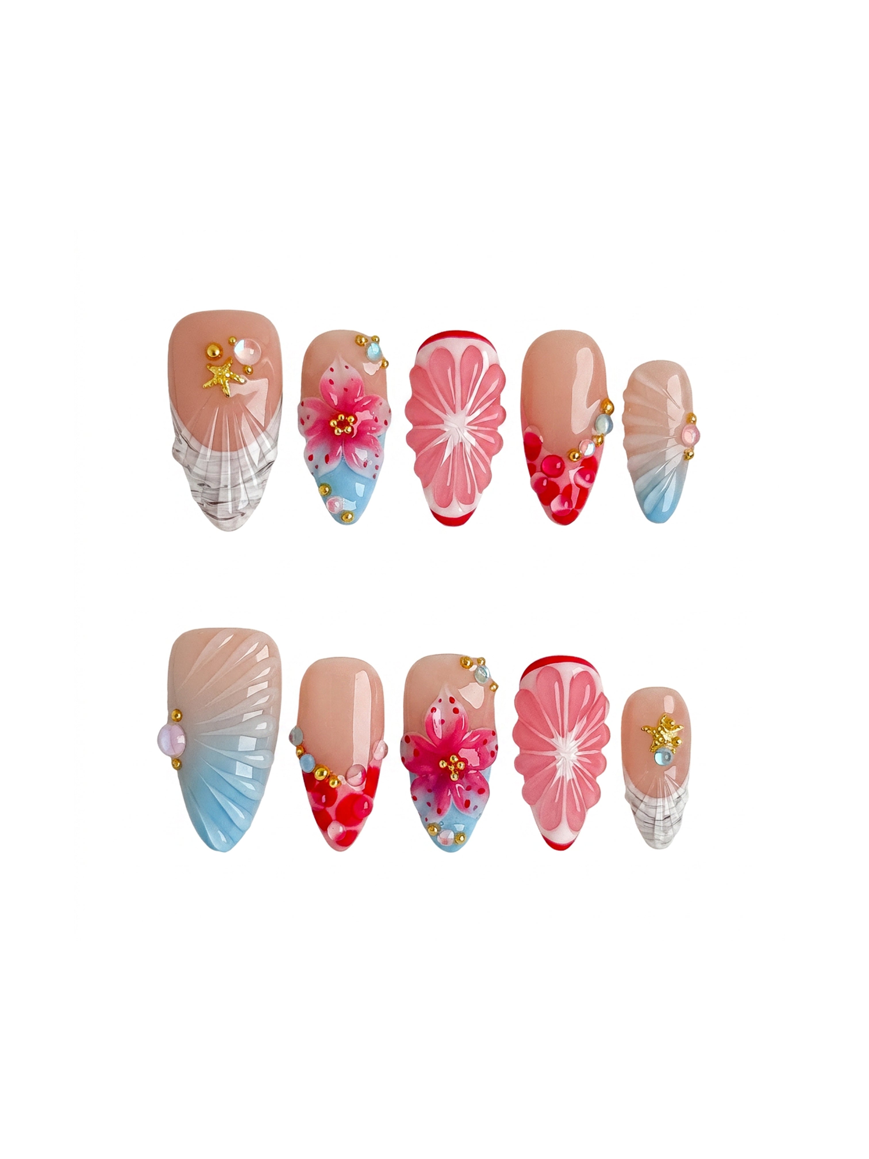 Handmade Pink Citrus Blossom Press On Nails, 3D Floral Fruit Summer Nails, Medium Almond